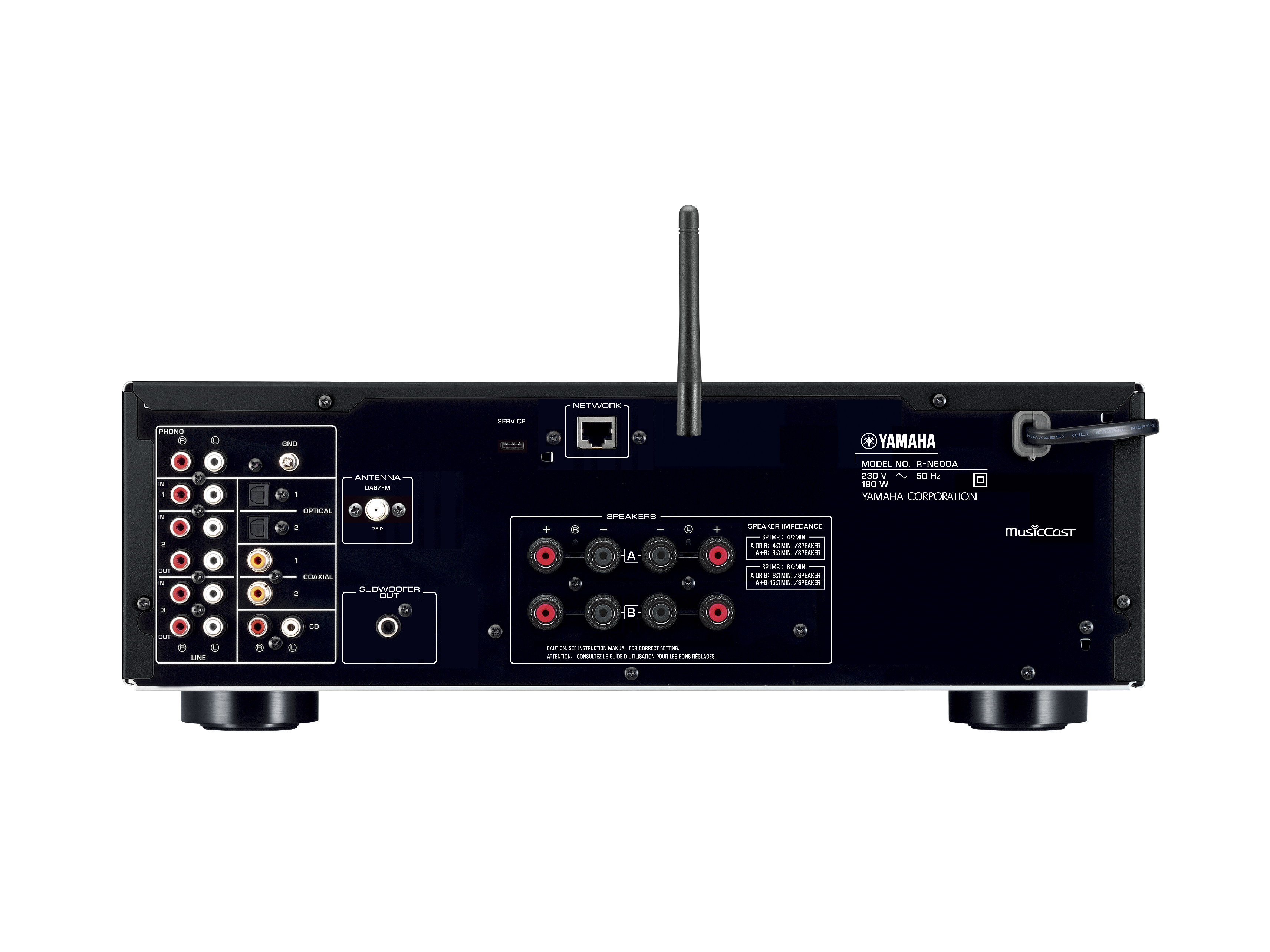 Rückseite eines Yamaha-Receivers. Es hat verschiedene Ein- und Ausgänge, schwarzer Hintergrund.