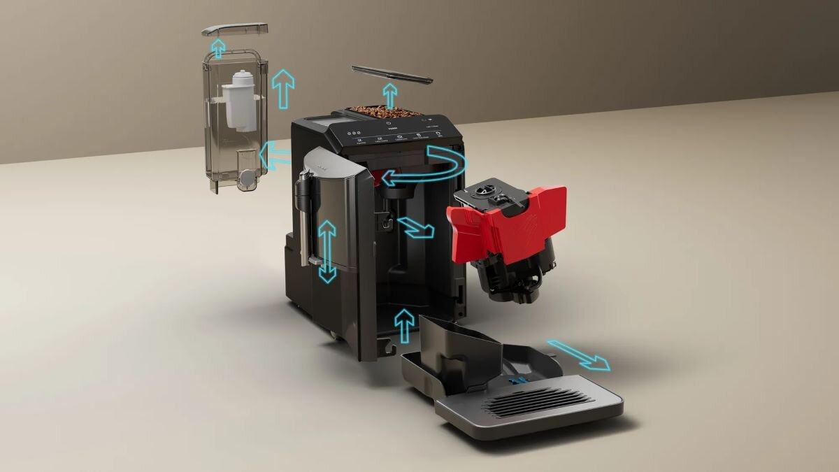 Schemat ekspresu do kawy. Pokazuje elementy i kierunki przepływu wody.