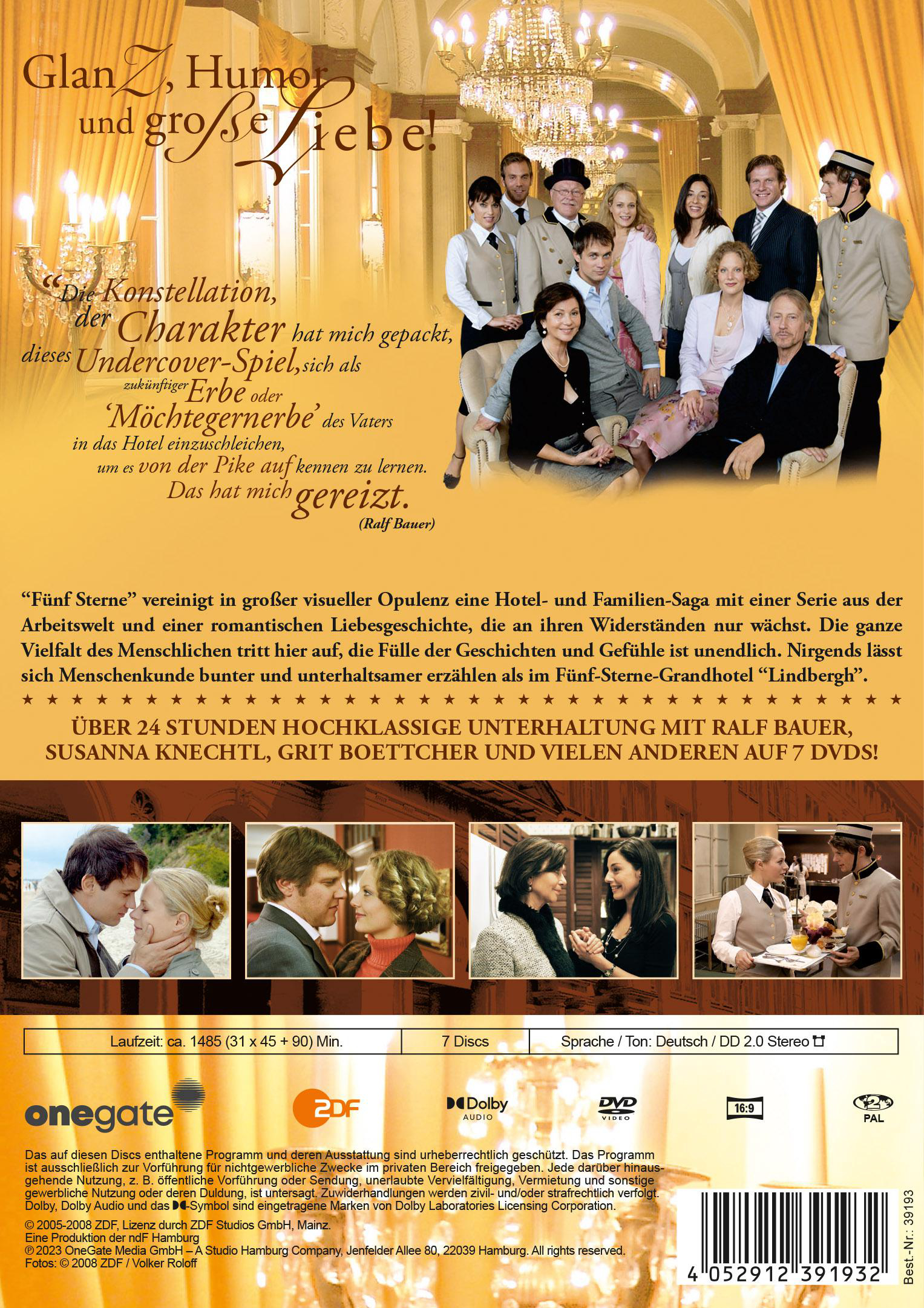 DVD-Cover Rückseite mit Besetzung und Titel, auf Deutsch, mit Hintergrundbild eines Hotels.