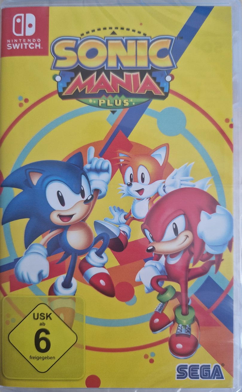 Eine Sonic Mania Plus Spielhülle für die Nintendo Switch mit Sonic, Tails und Knuckles.