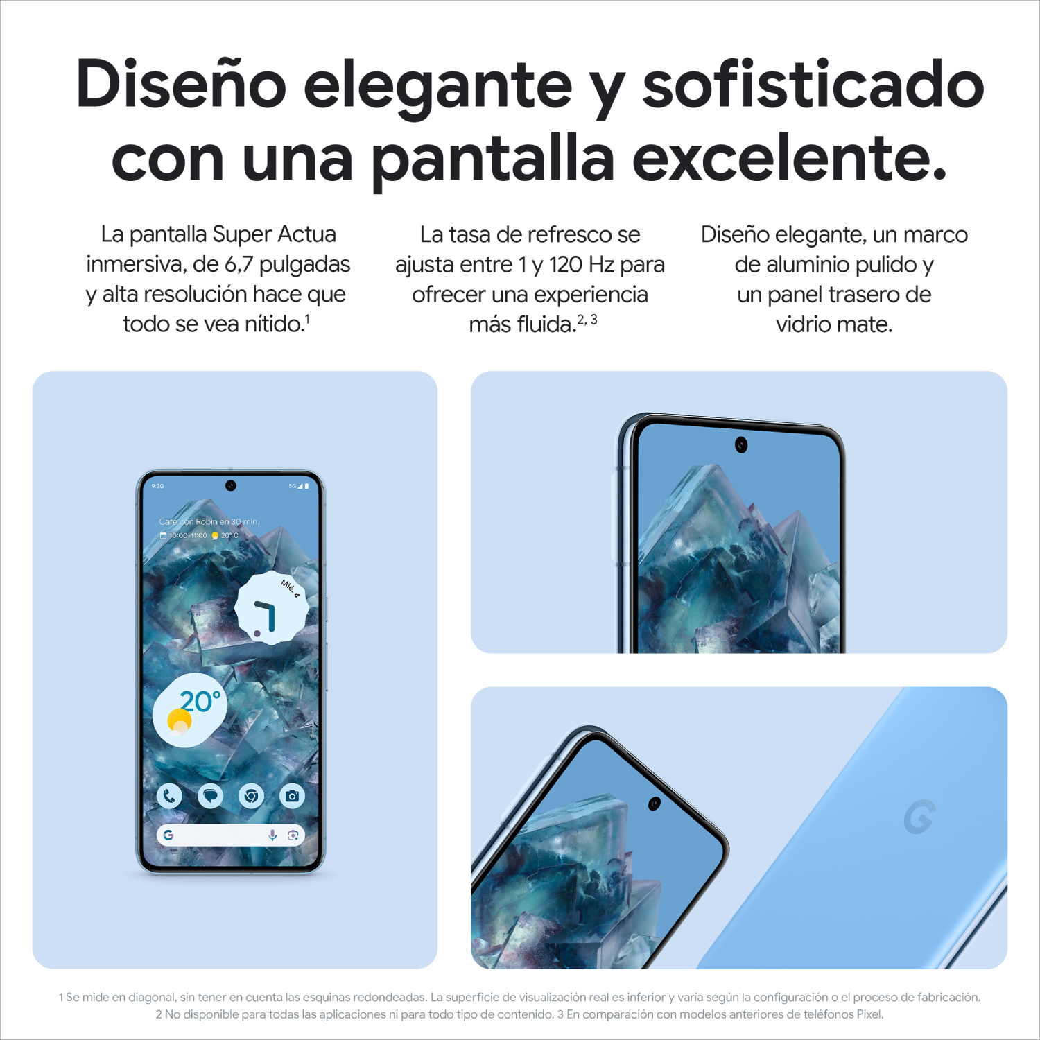 Un smartphone azul claro que muestra una interfaz de usuario con fondo azul.