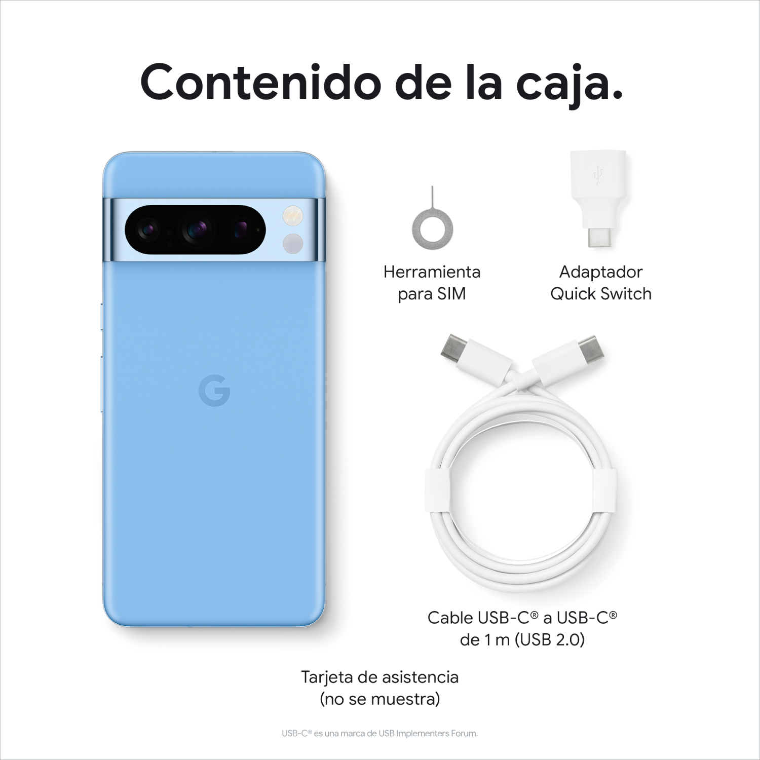 Un teléfono Google Pixel azul claro con funda, herramienta SIM, cable USB-C y adaptador de cambio rápido.