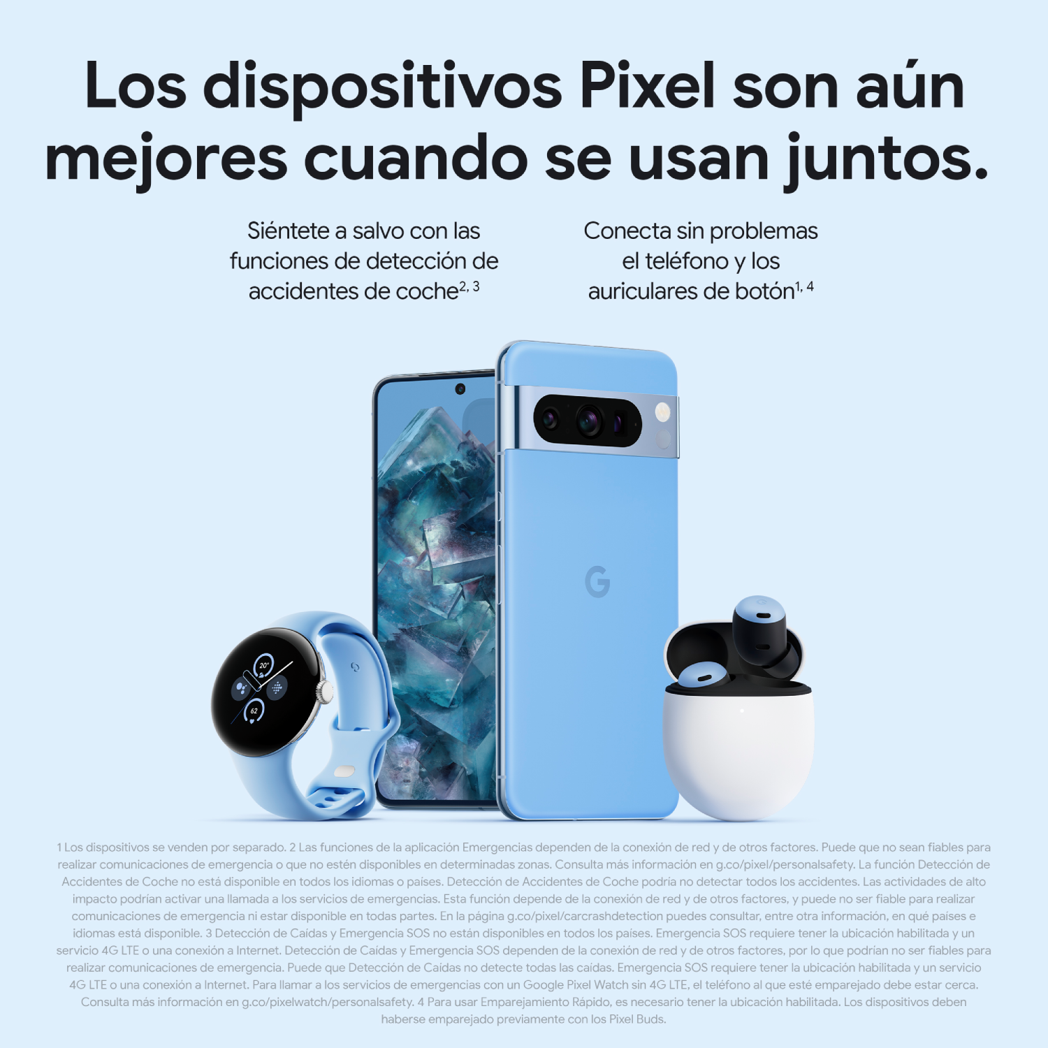 Un reloj, teléfono y auriculares Pixel azules. El teléfono tiene dos cámaras y un logotipo G en la parte trasera.
