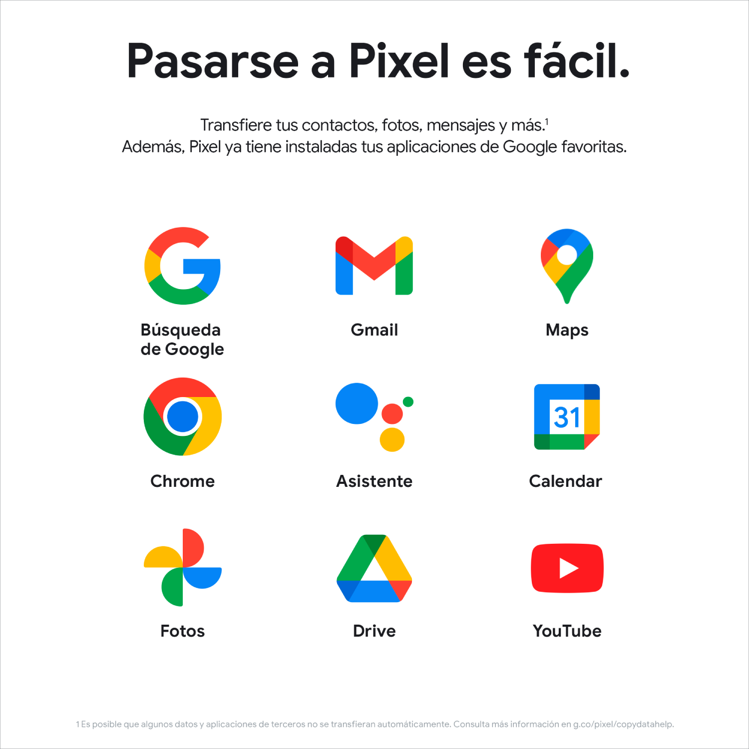 Iconos de aplicaciones de Google, incluyendo Búsqueda de Google, Gmail, Maps, Chrome, Asistente, Calendario, Fotos, Drive y YouTube.