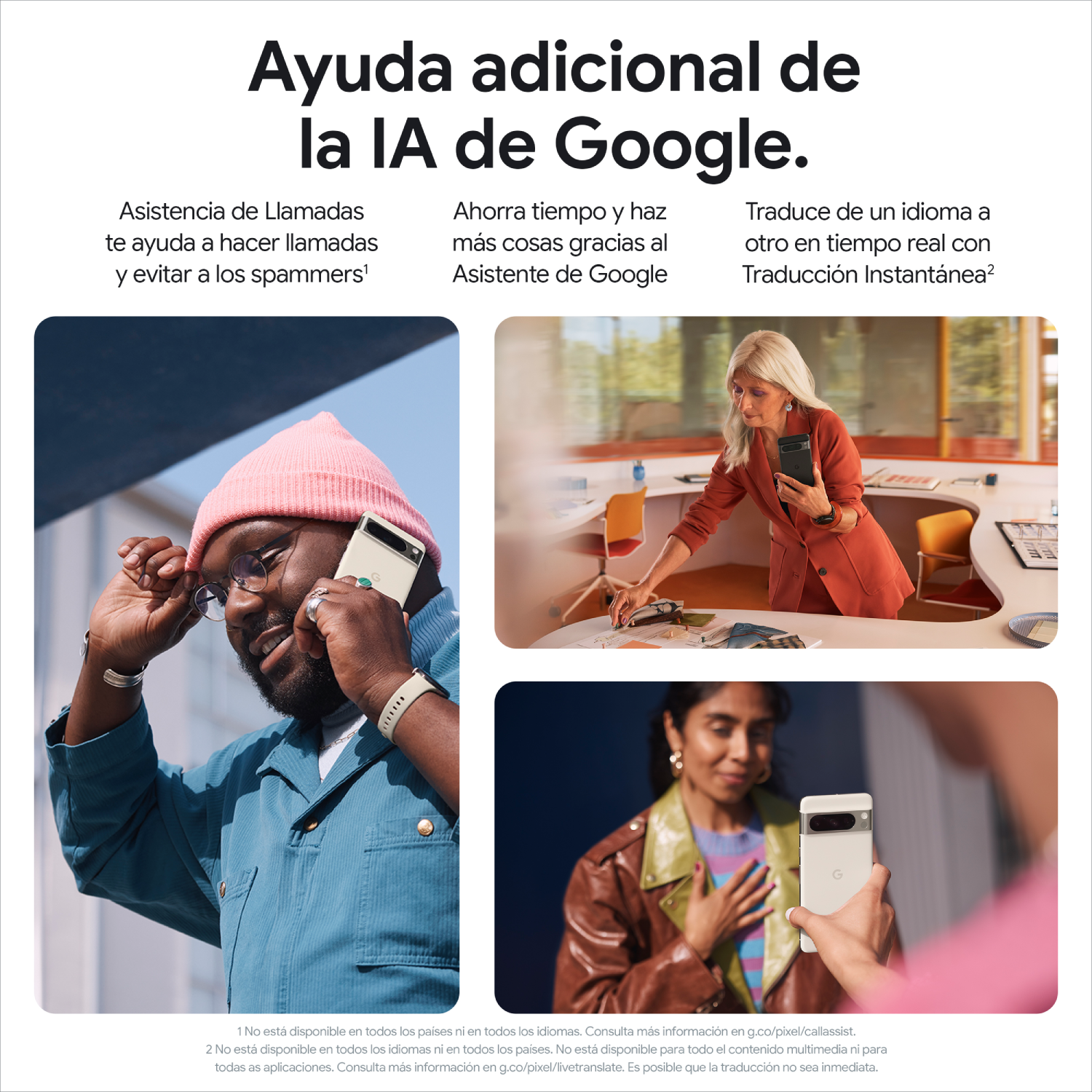 Un collage con personas, teléfonos y texto sobre las funciones de IA de Google.