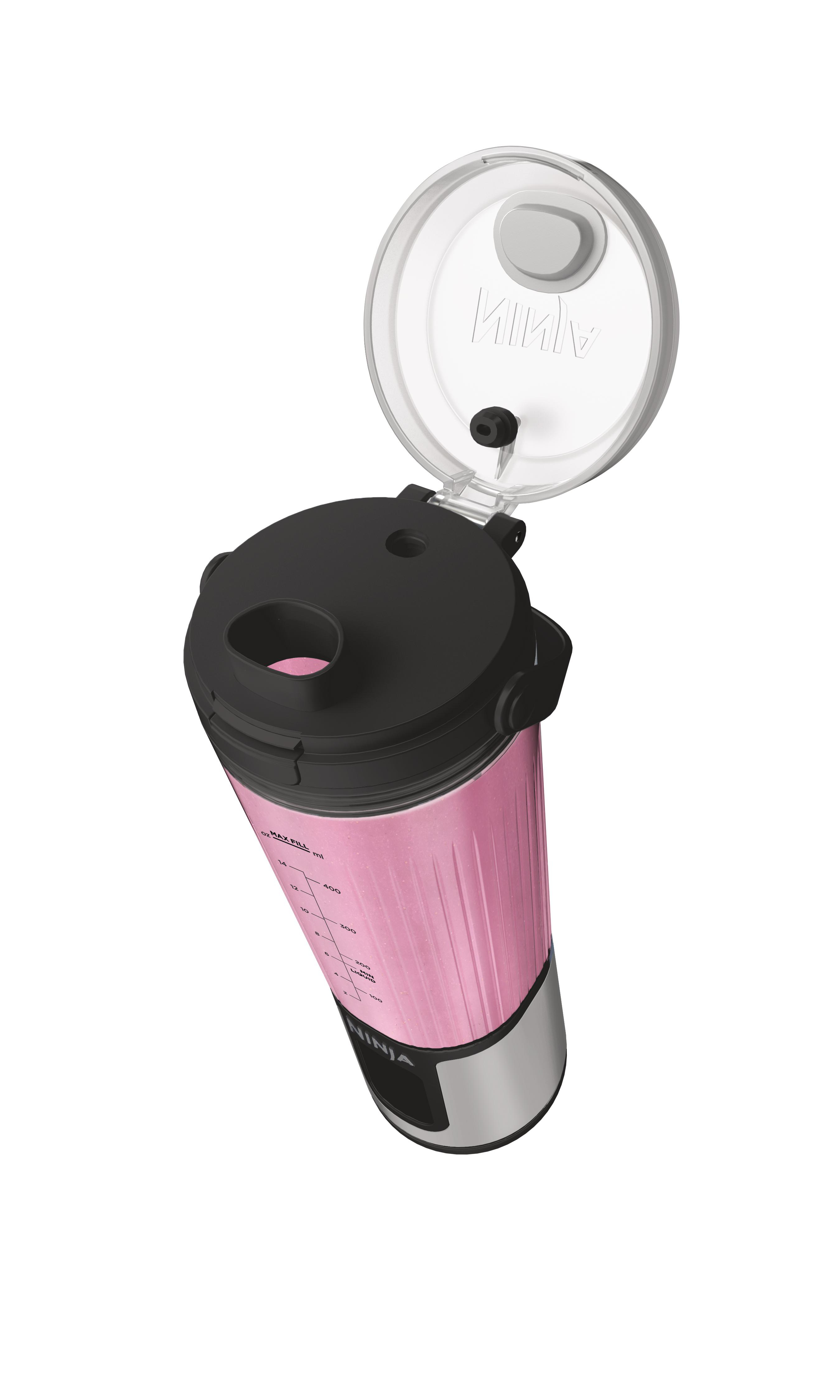 Pinkfarbener Mixer mit offenem Deckel. Er hat einen schwarzen Deckel und eine silberne Basis.