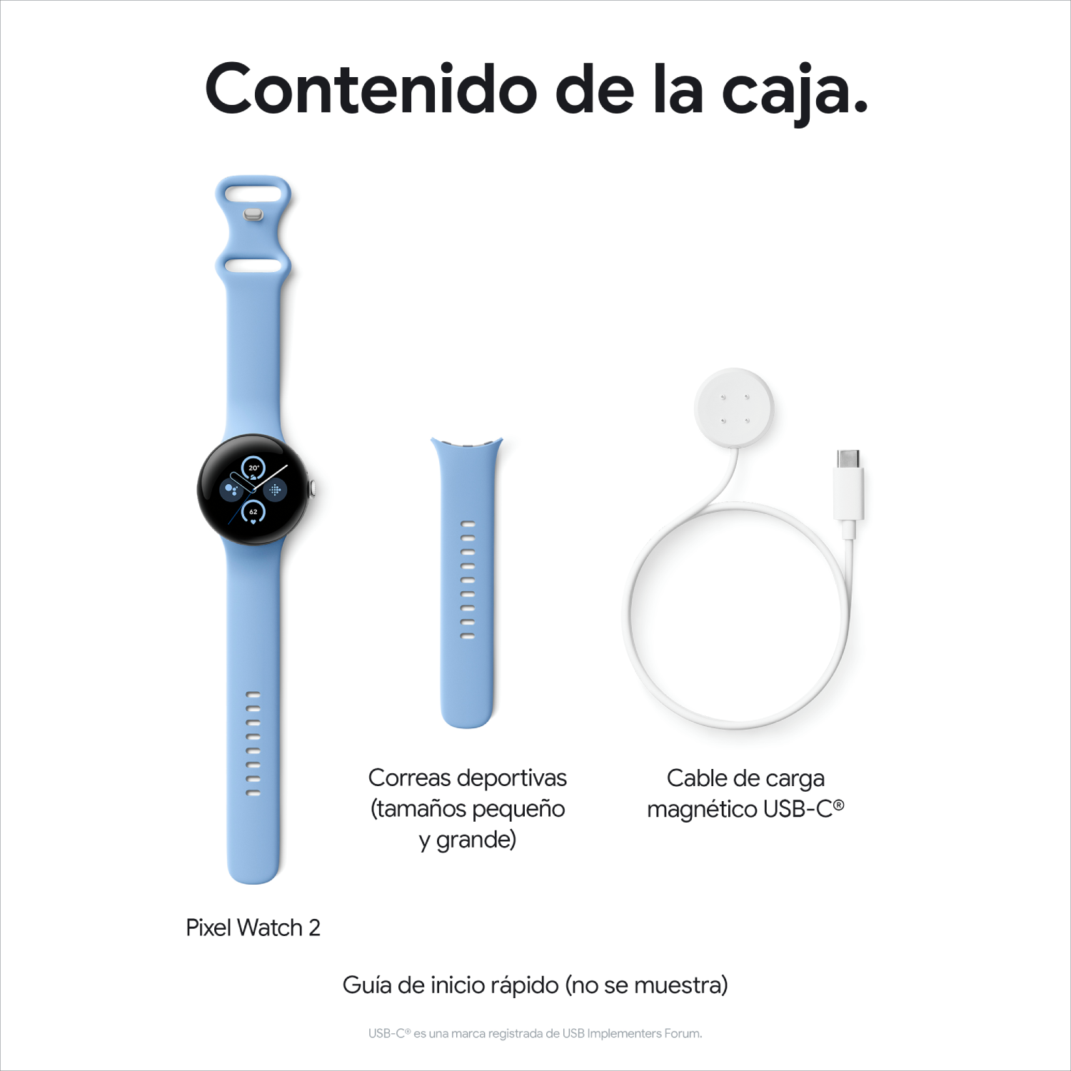 Contenido del Pixel Watch 2: reloj, correa y cargador. El reloj es azul con pantalla negra.