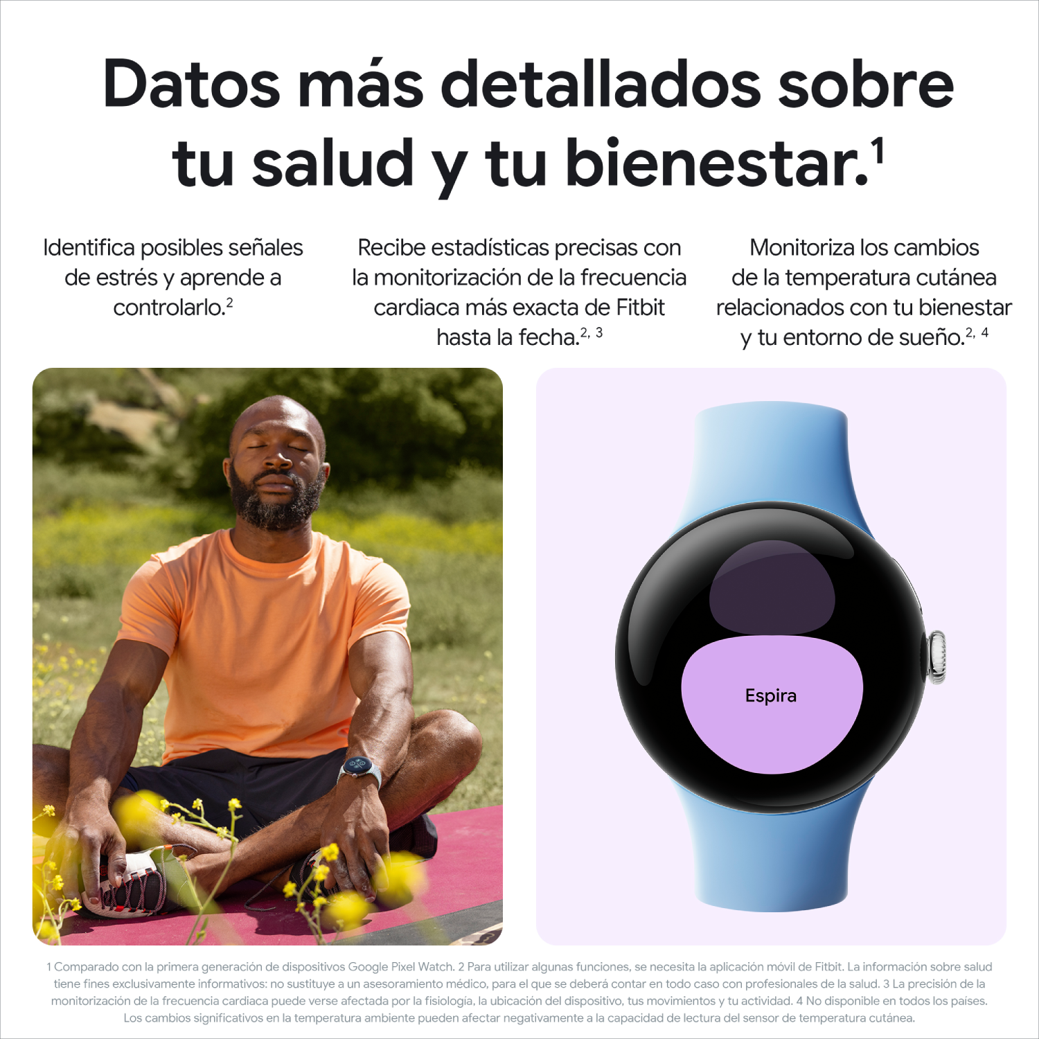 Hombre meditando con un reloj inteligente, con la palabra 'Spira' en el reloj.