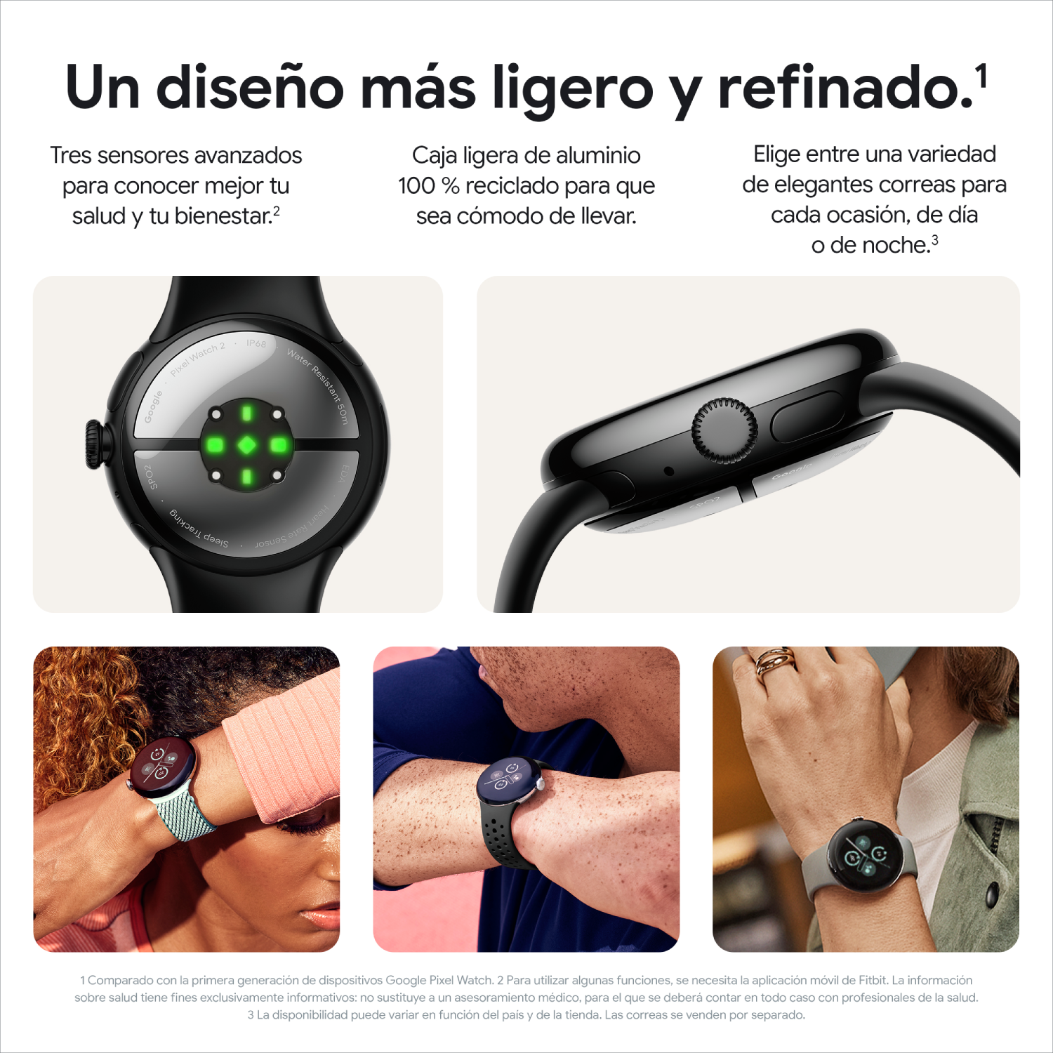 Reloj inteligente con correa negra, mostrando sensores de salud. Varias tomas de muñeca, en diferentes tonos de piel.