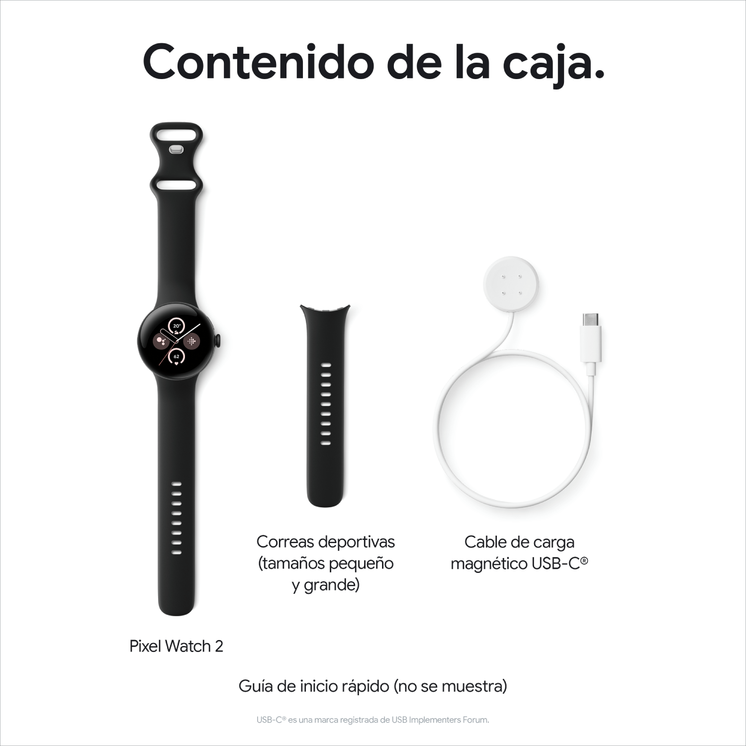 Pixel Watch 2 negra, correa negra, correa extra y cable cargador. Todos los elementos sobre fondo blanco.