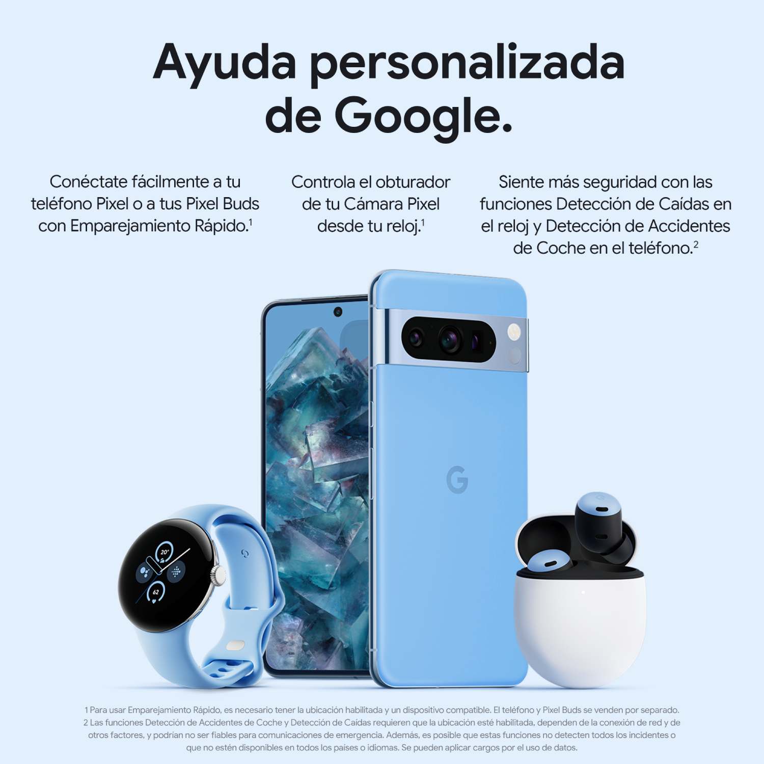 Dispositivos Google: teléfono, reloj y auriculares en color azul claro, sobre fondo azul claro.