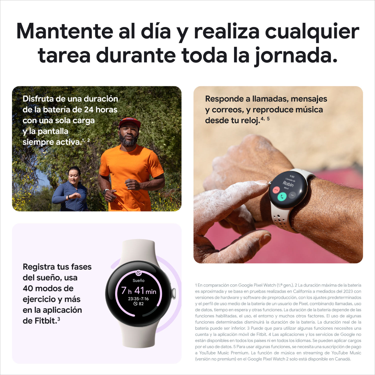 Un anuncio que muestra a personas usando un reloj inteligente, corriendo y descansando.