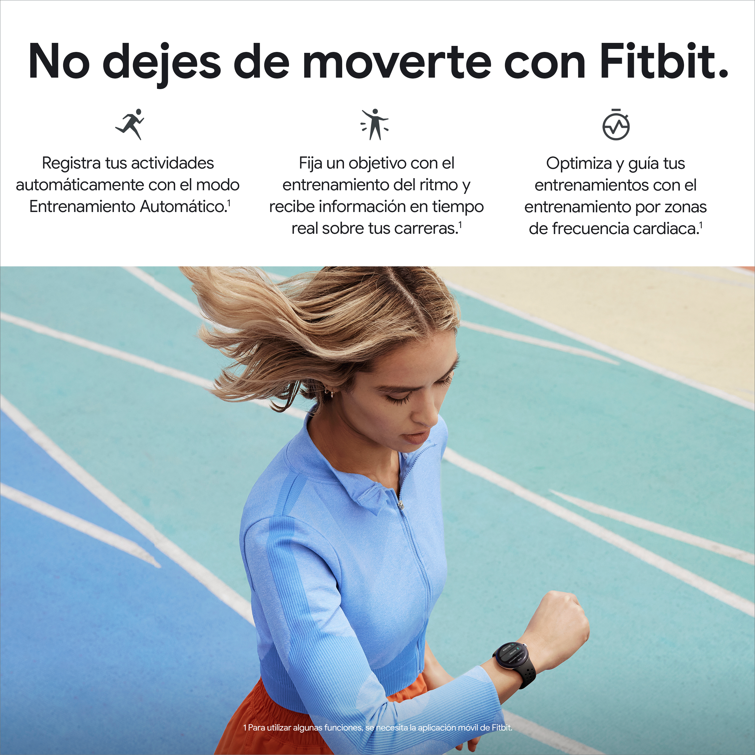 Mujer corriendo, top azul, reloj en la muñeca, iconos de seguimiento de fitness.