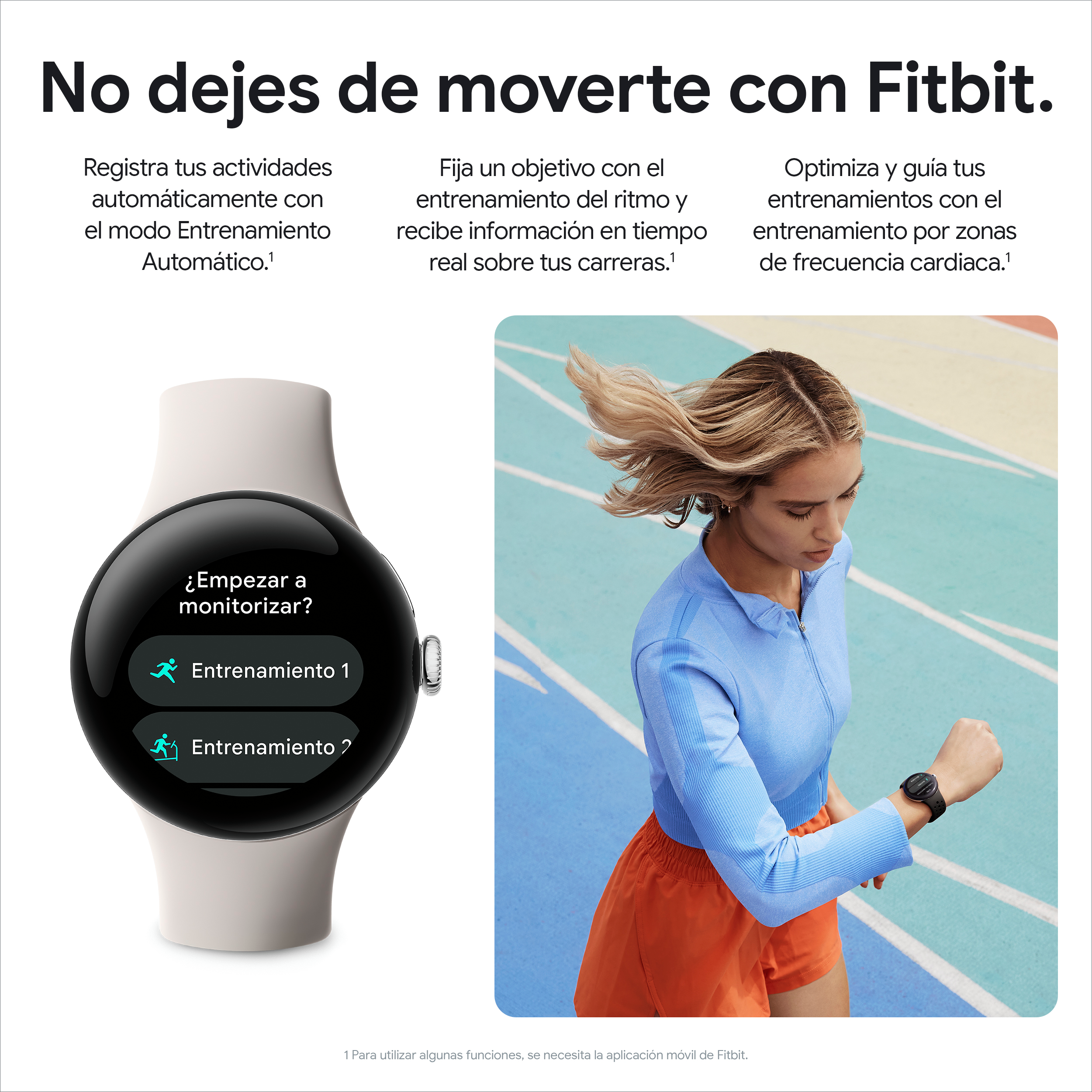 Mujer con smartwatch, con texto sobre seguimiento de actividades y fitness.