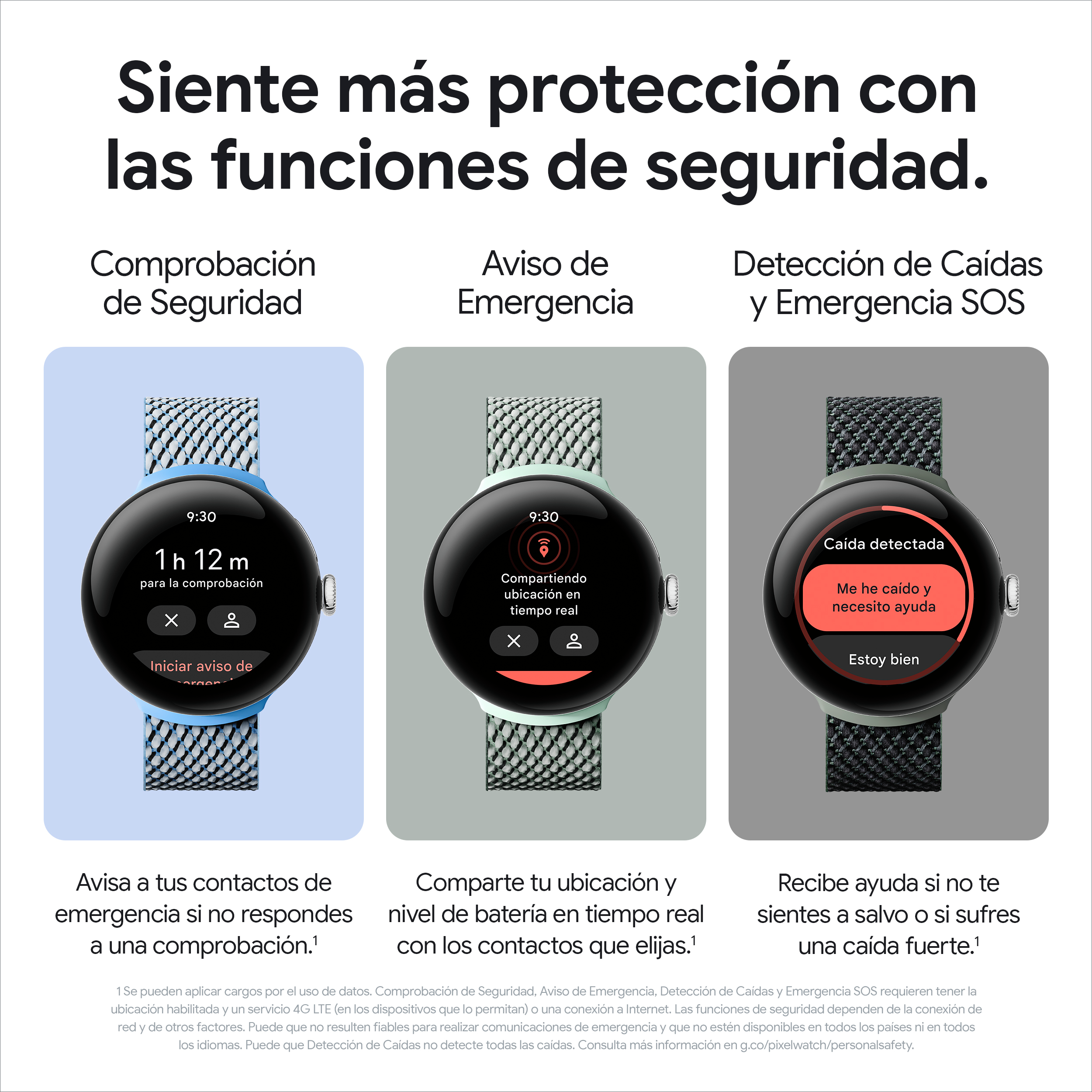 Pantalla de reloj inteligente mostrando funciones de seguridad, con banda oscura.