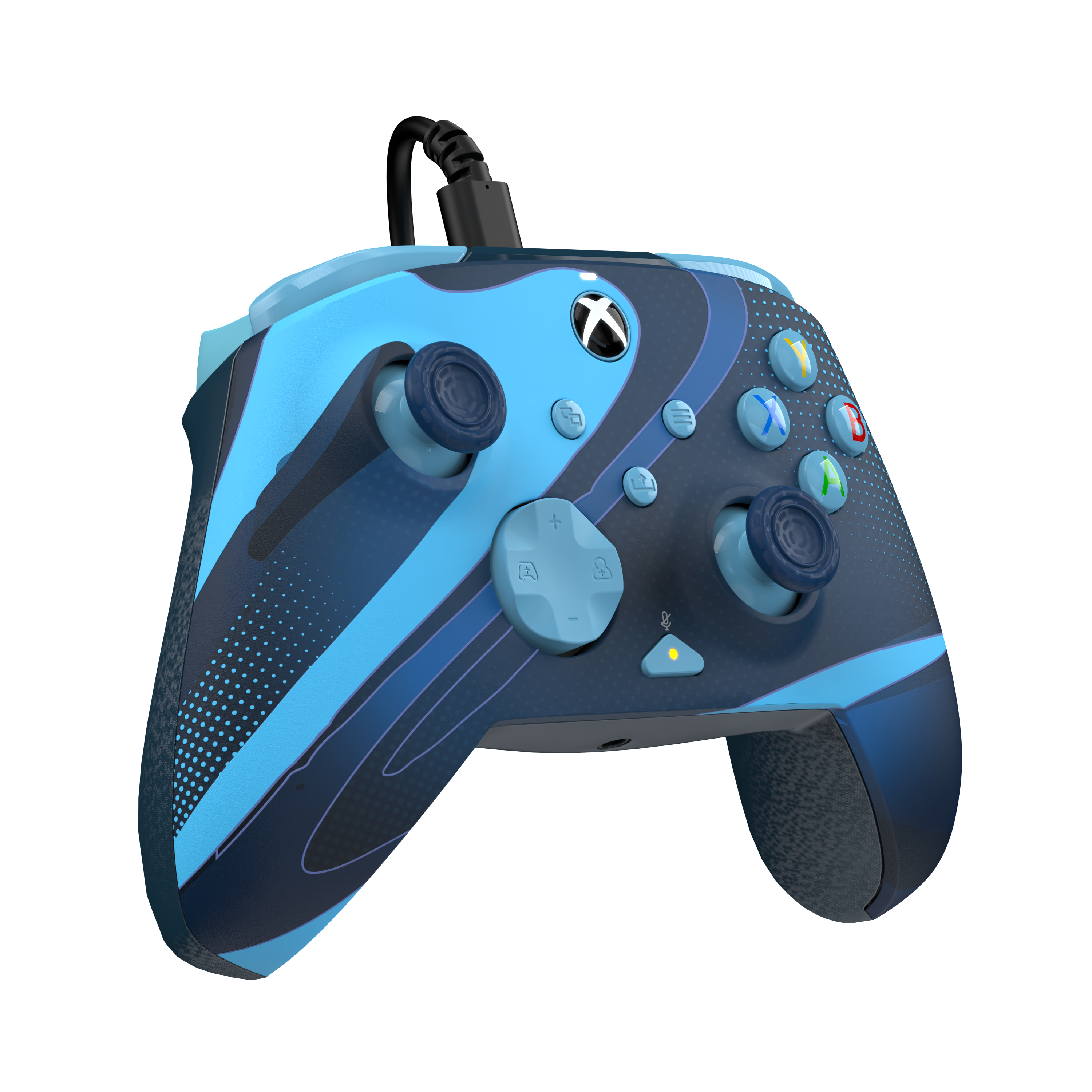 Blau-schwarzer Videospiel-Controller mit schwarzem Kabel.