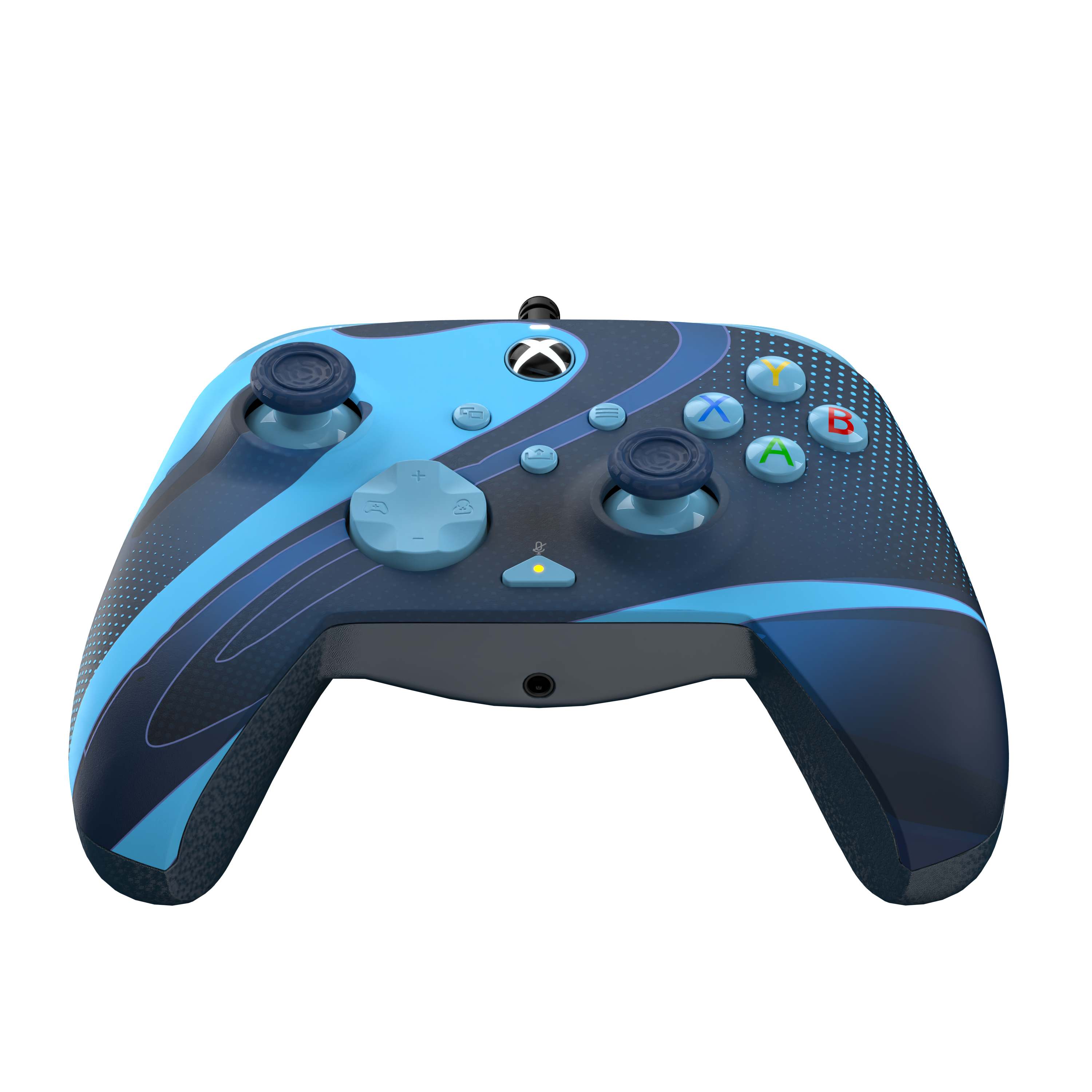 Xbox-Controller mit blauem und schwarzem Design, auf schwarzem Hintergrund.