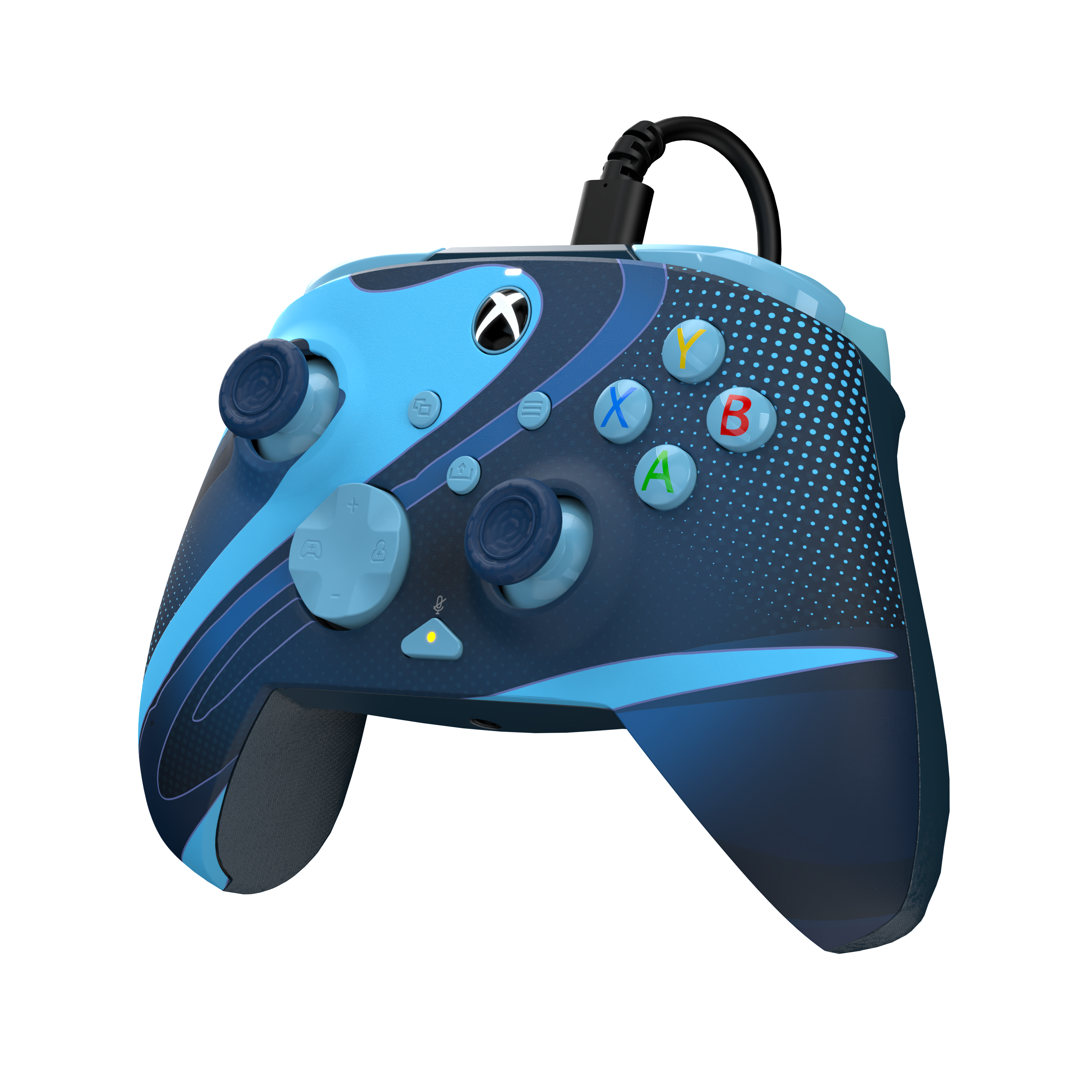 Blauer Xbox-Controller mit schwarzen Akzenten und Tasten, an ein Kabel angeschlossen. Schwarzer Hintergrund.