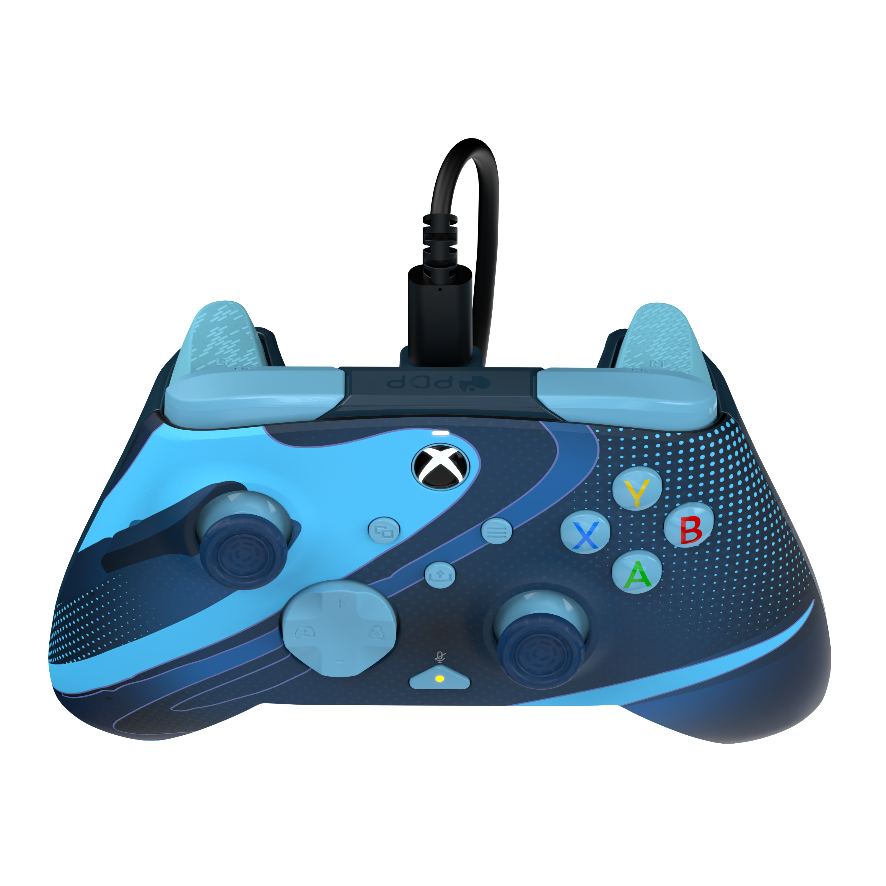 Ein blau-schwarzer Xbox-Controller mit Xbox-Logo, beschrifteten Tasten und angeschlossenem Kabel.
