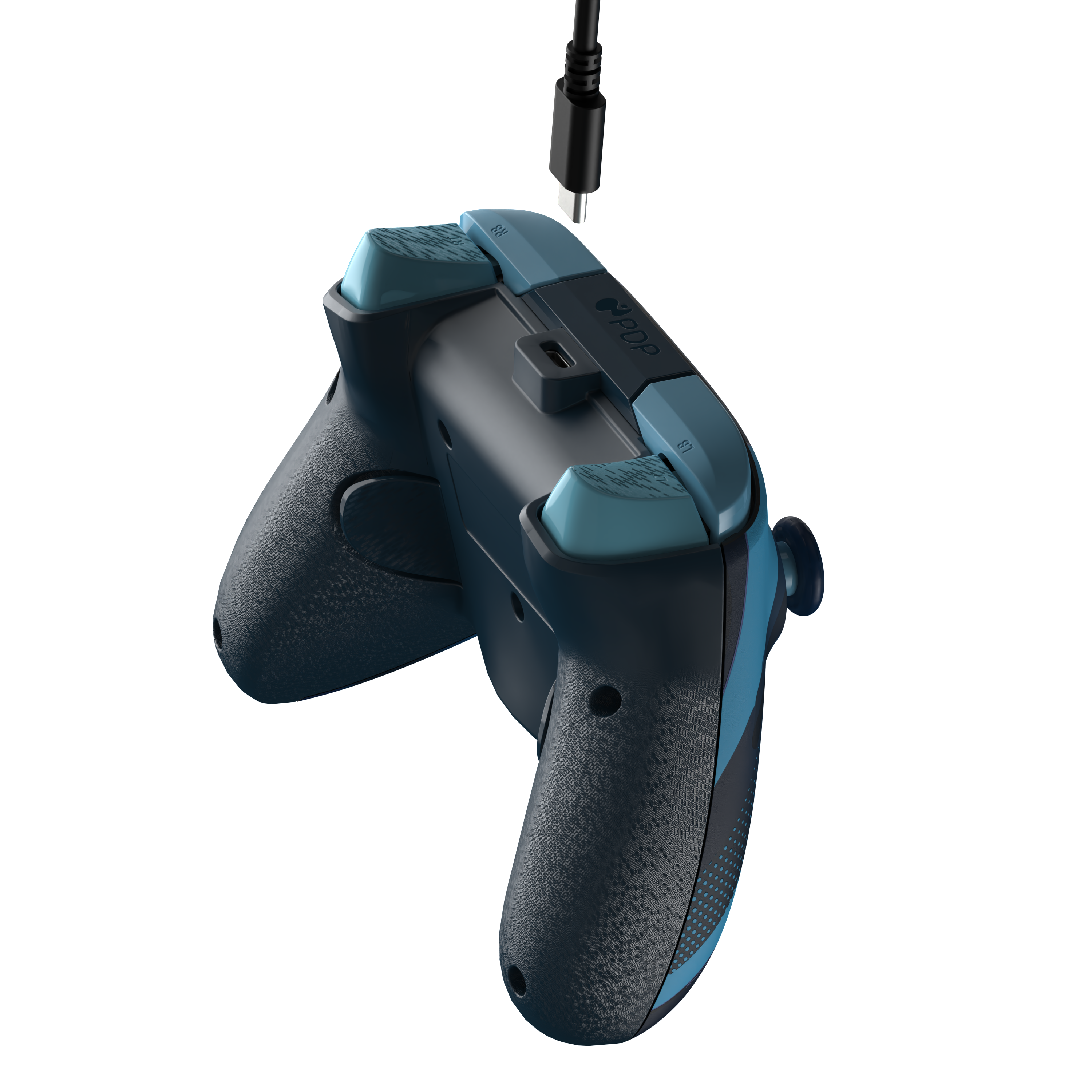 Ein schwarz-blaues Gamepad mit einem Ladekabel, das oben angebracht ist.