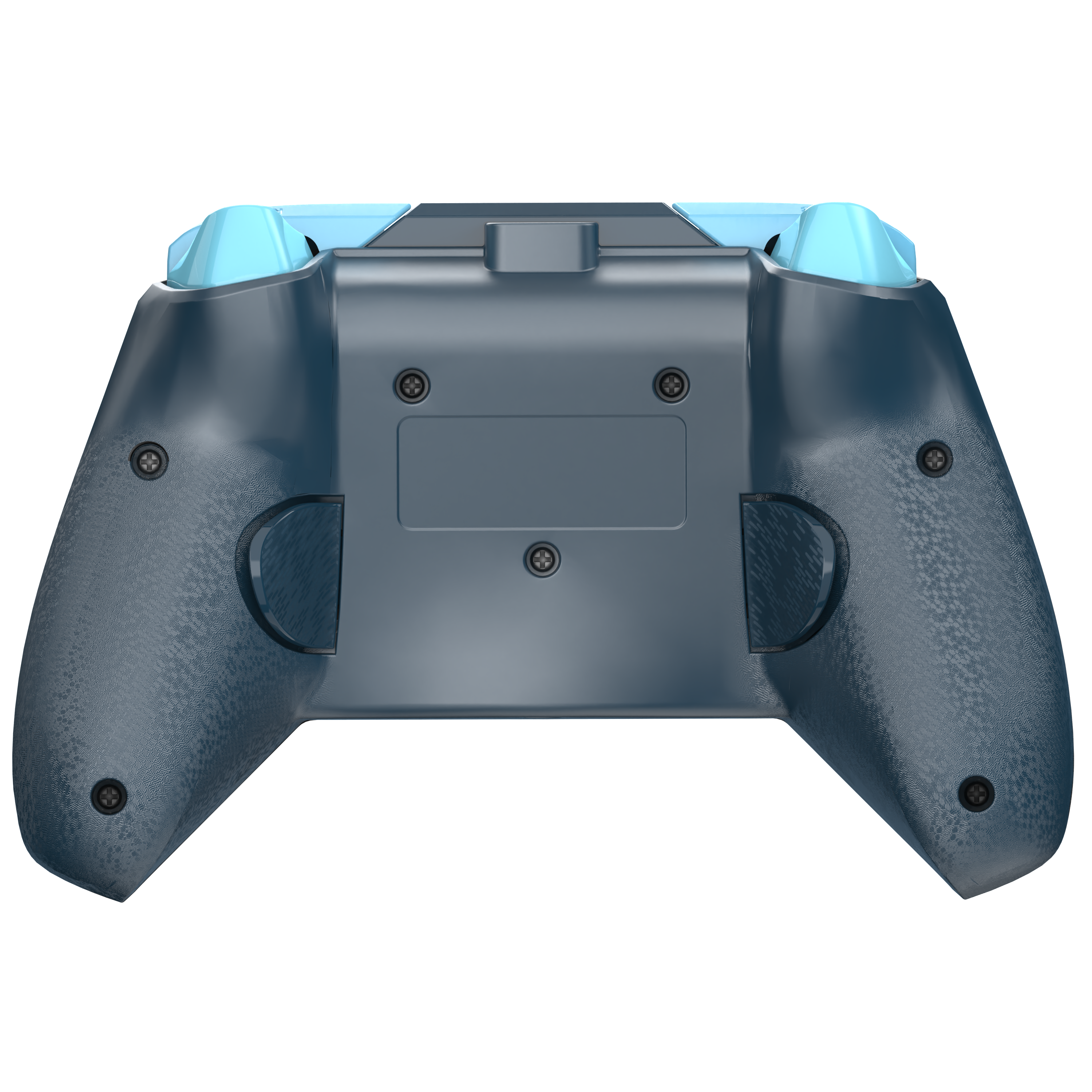 Eine Draufsicht auf einen dunkelgrauen Gamecontroller mit blauen Akzenten.