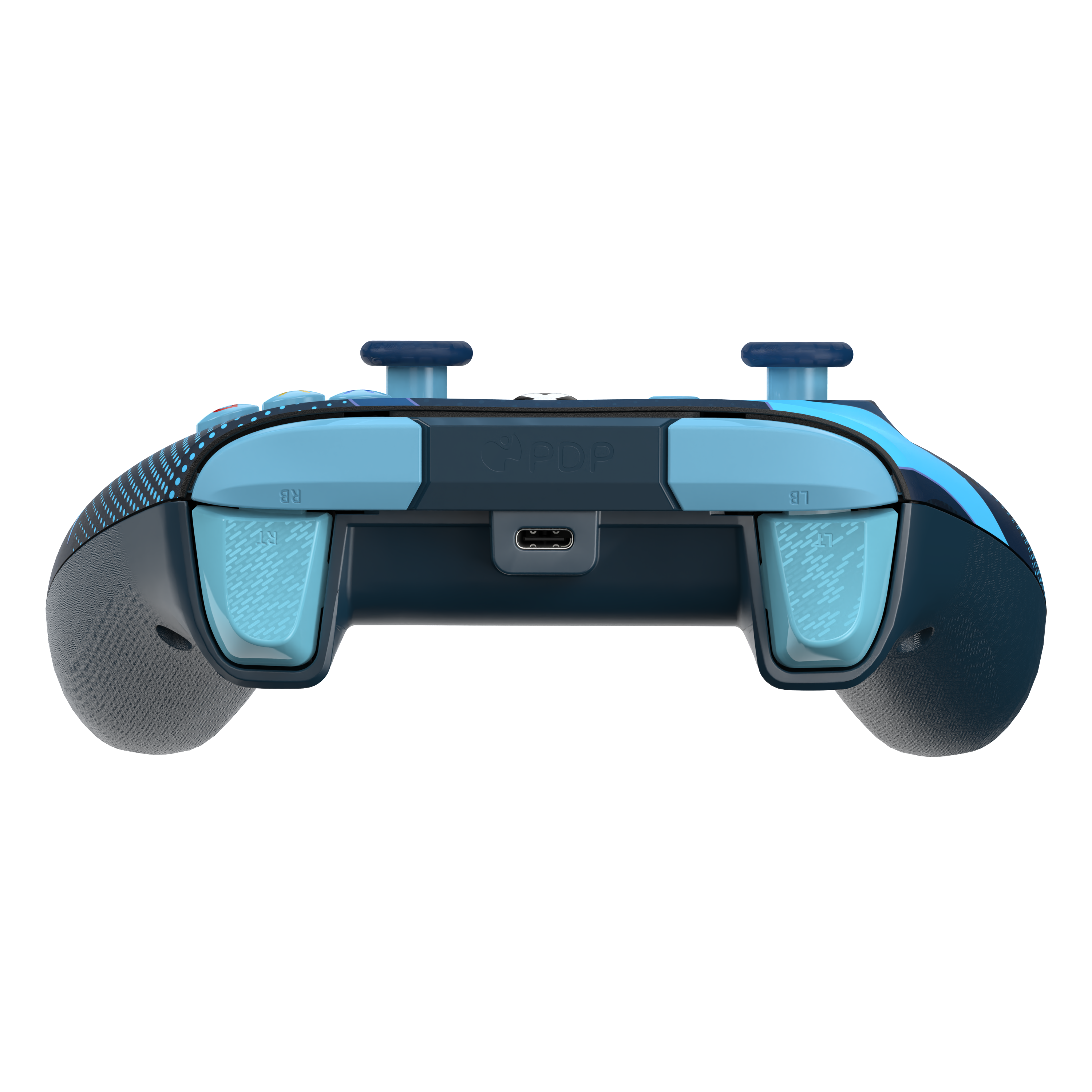 Rückansicht eines blau-schwarzen Gamecontrollers, mit Text und Knöpfen.
