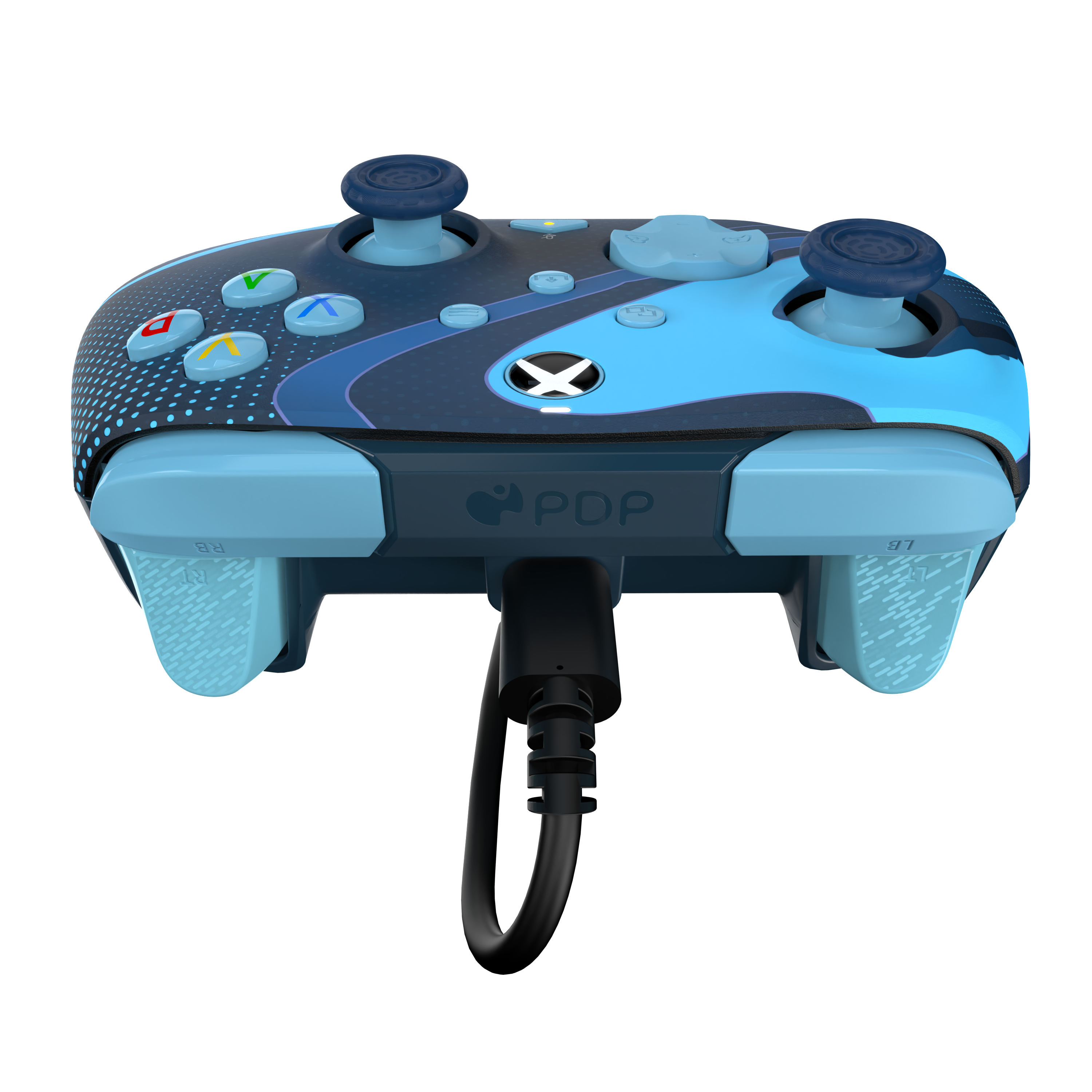 Blau-schwarzer Videospiel-Controller, Draufsicht, mit schwarzem Kabel.