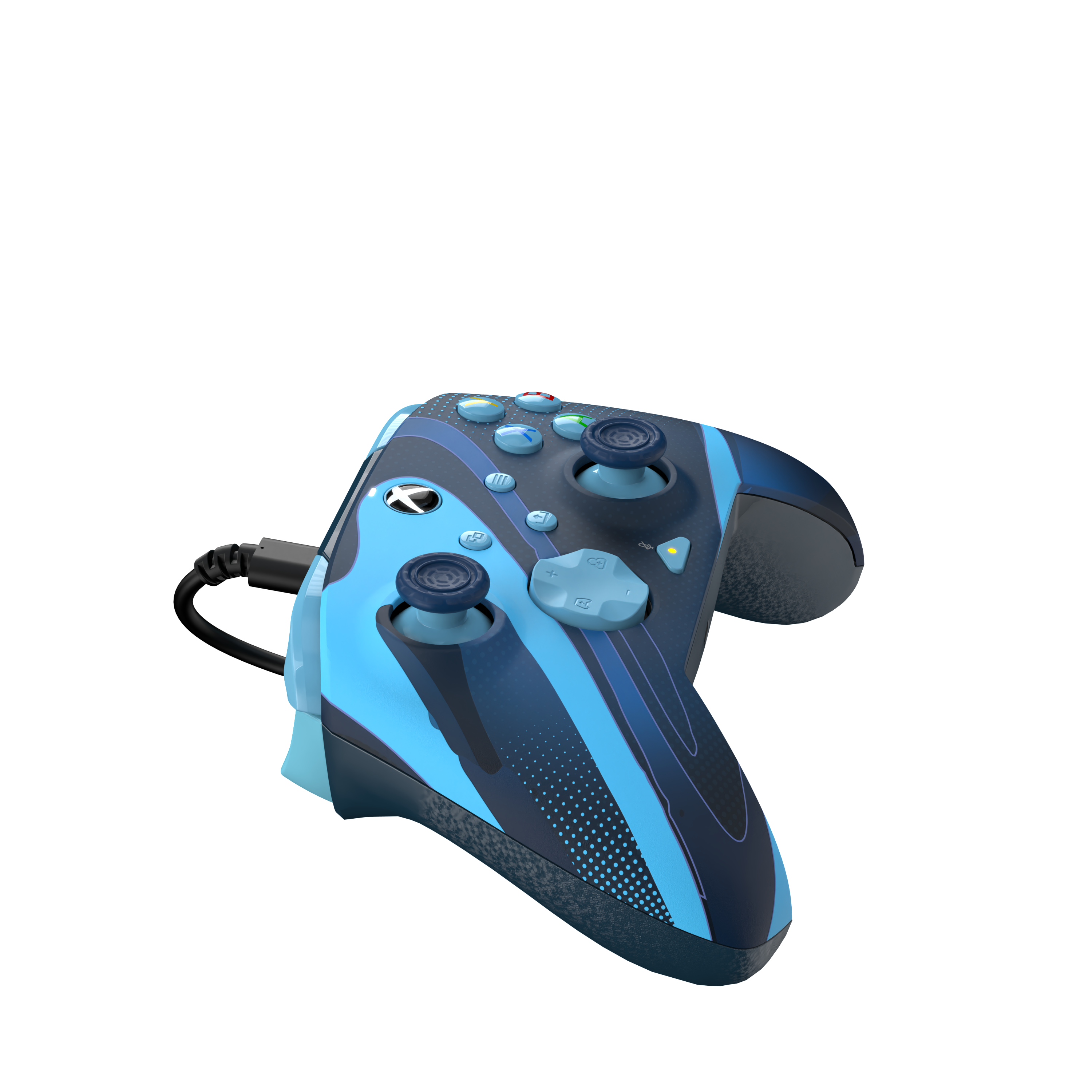 Ein blau-schwarzer Xbox-Controller mit schwarzem Kabel. Der Controller befindet sich auf schwarzem Hintergrund.