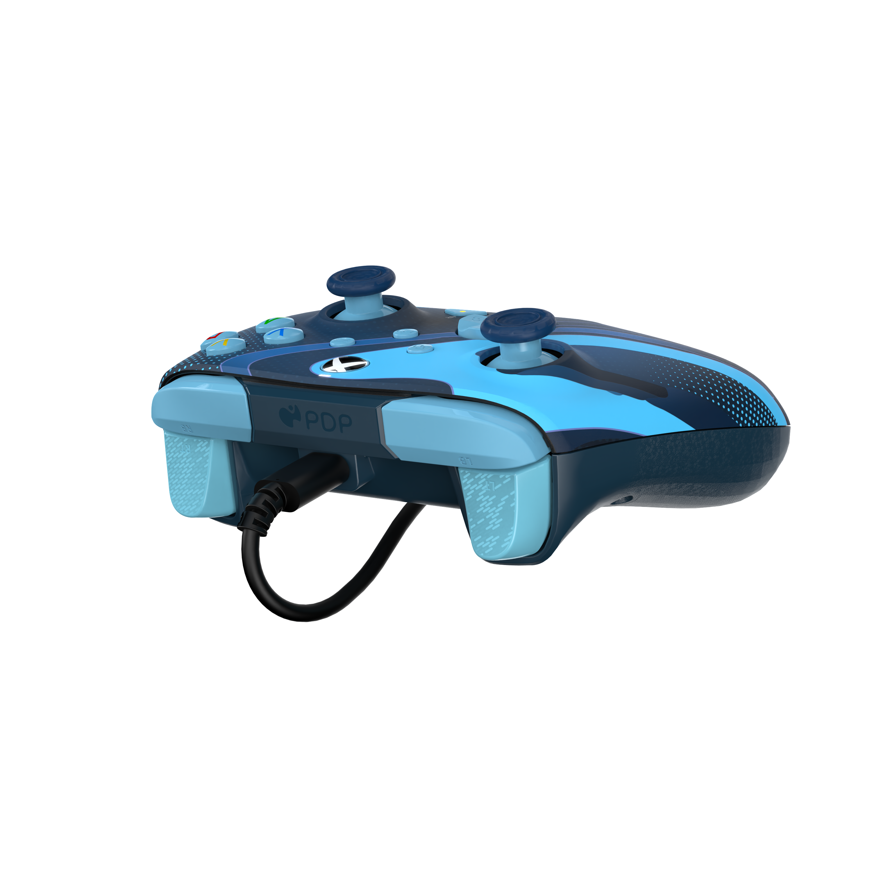 Blau-schwarzes Gamepad auf schwarzem Untergrund. Es hat Knöpfe und ein Kabel.