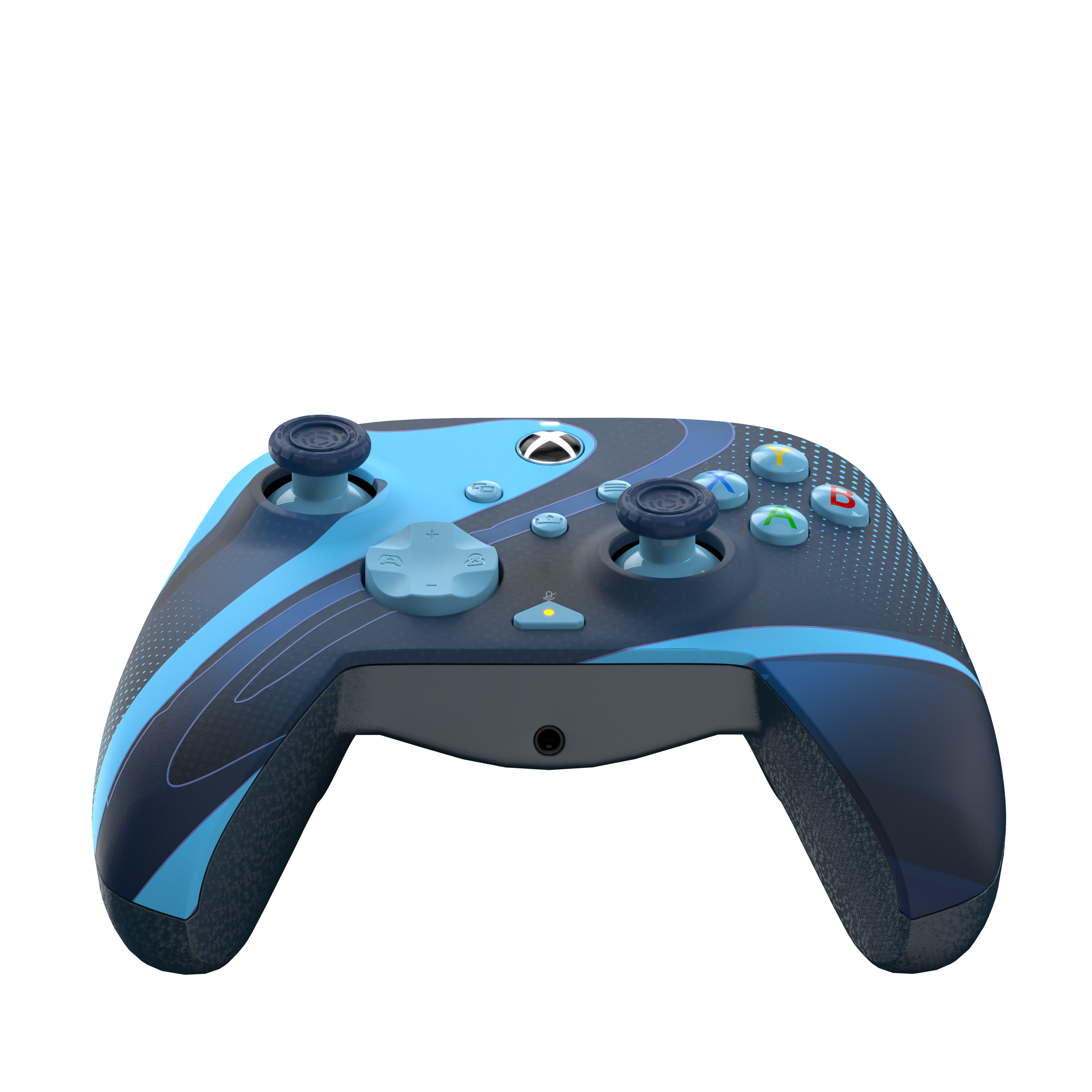 Ein blau-schwarzer Xbox-Controller mit hellblauen Akzenten auf schwarzem Hintergrund.