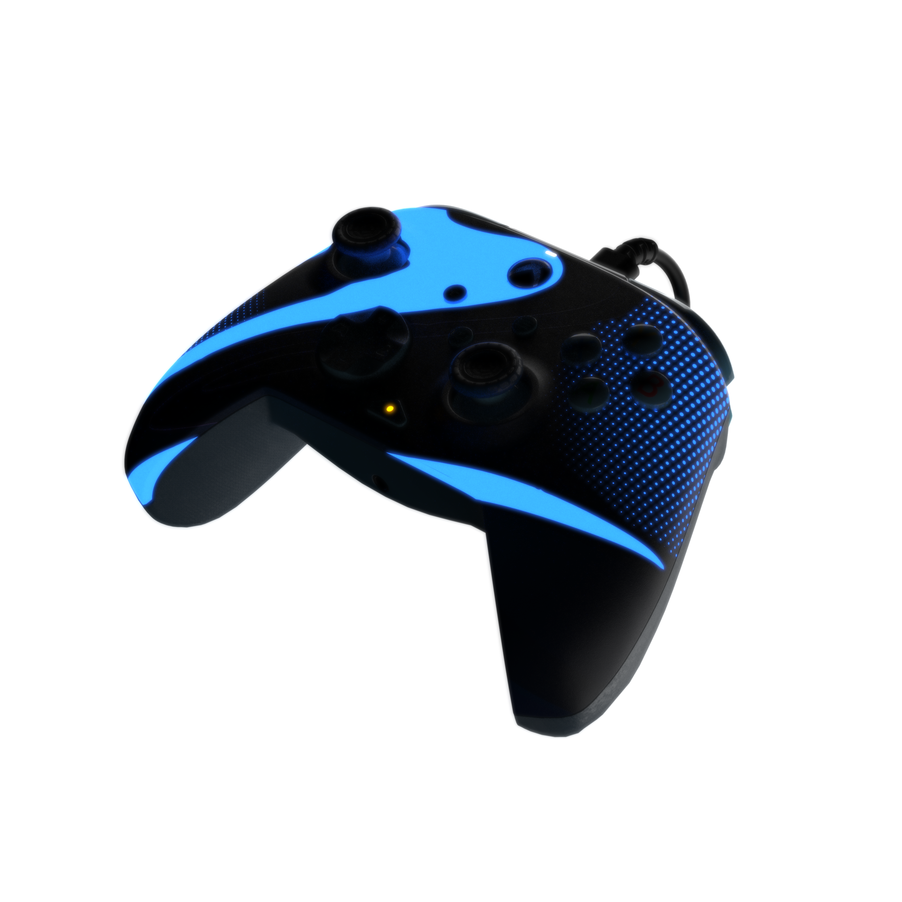 Schwarzer und blauer Gaming-Controller mit schlankem Design, isoliert auf schwarzem Hintergrund.