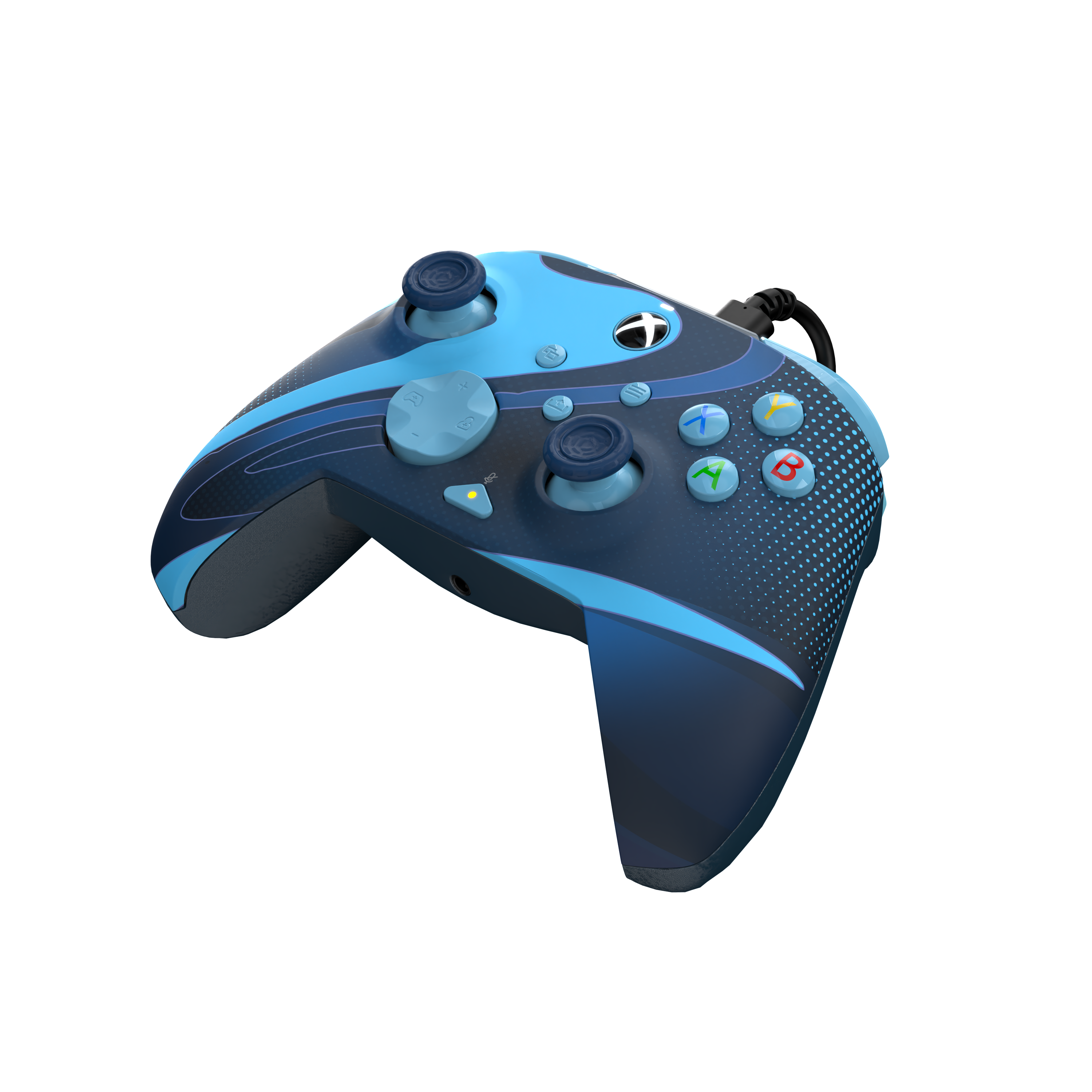 Ein blau-schwarzer Xbox-Controller mit verschiedenen Tasten und strukturiertem Design auf schwarzem Hintergrund.