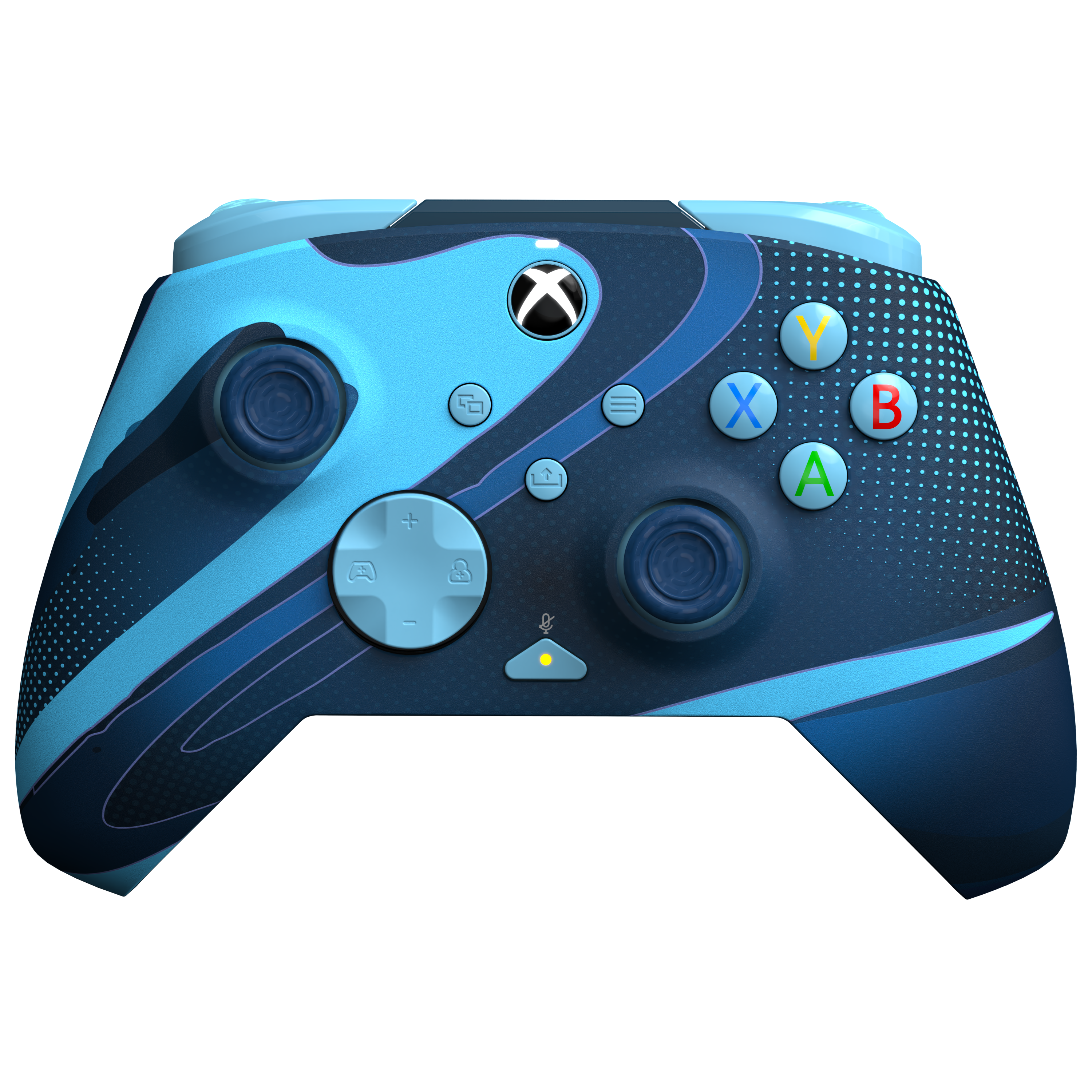 Ein blauer Xbox-Controller mit bunten Tasten und einem dunkelblauen Design, vor weißem Hintergrund.