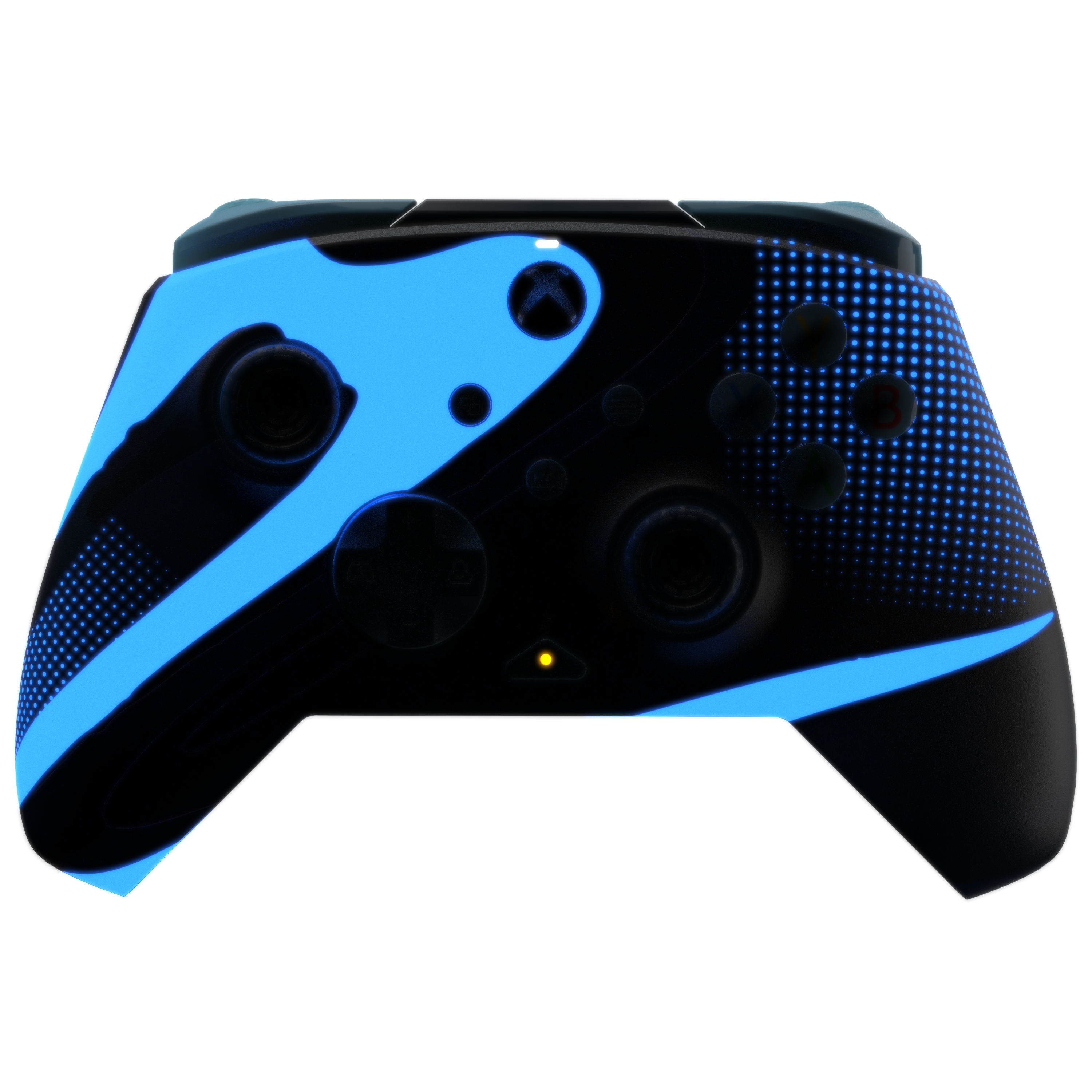 Ein schwarz-blauer Xbox-Controller mit leuchtend blauen Akzenten und Knöpfen vor schwarzem Hintergrund.