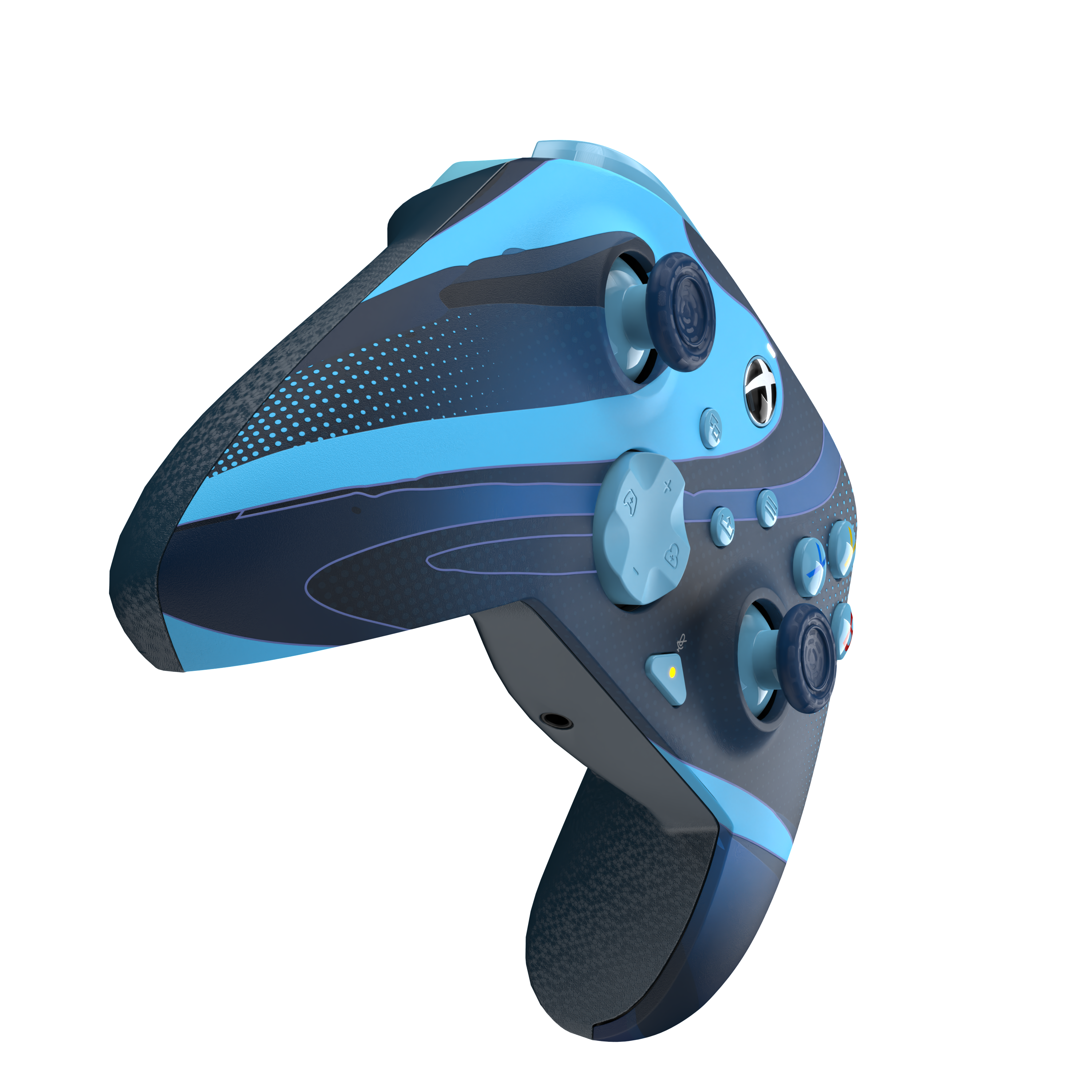 Eine schräge Draufsicht auf einen blau-schwarzen Videospiel-Controller.