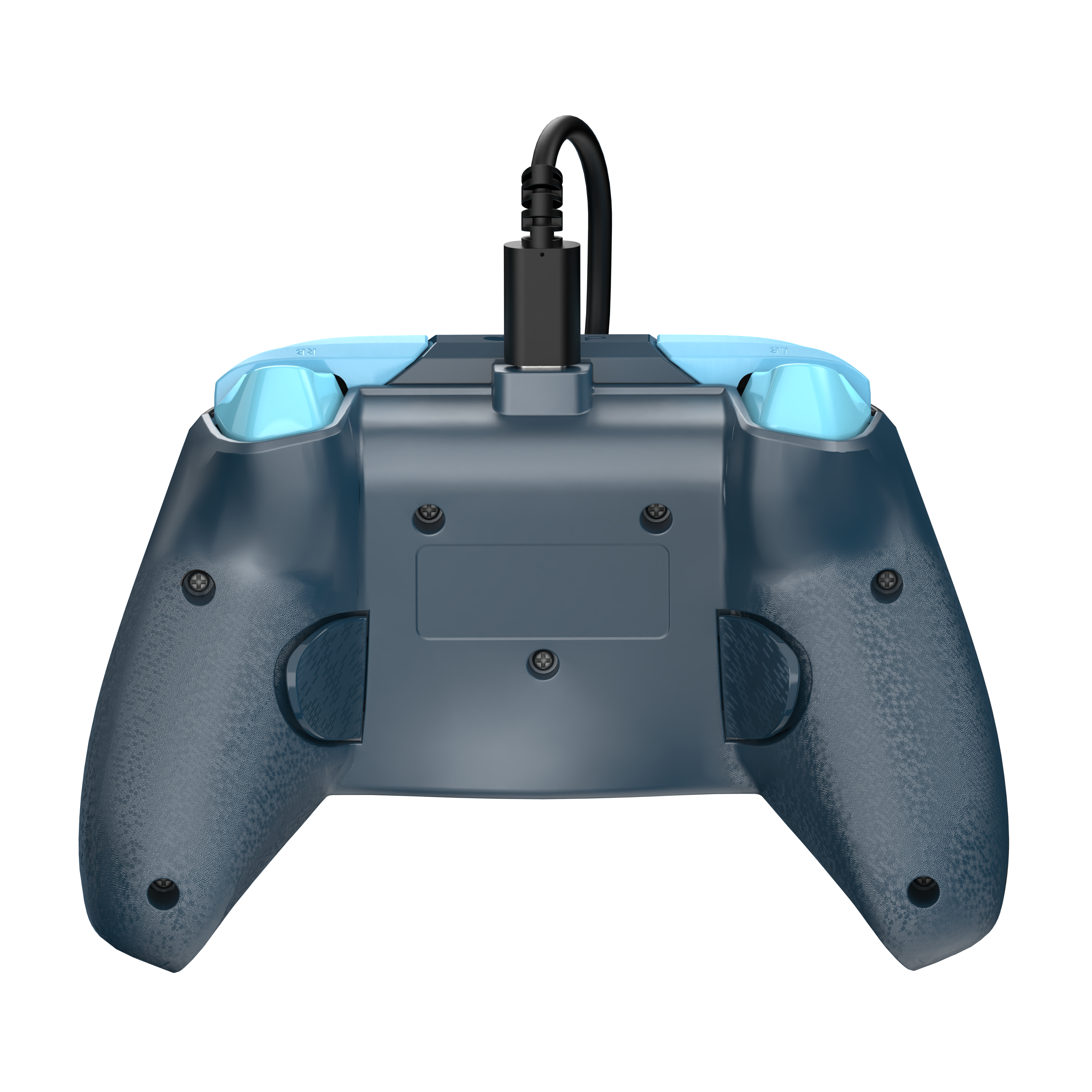 Rückansicht eines Gaming-Controllers mit Ladekabel auf schwarzem Hintergrund.