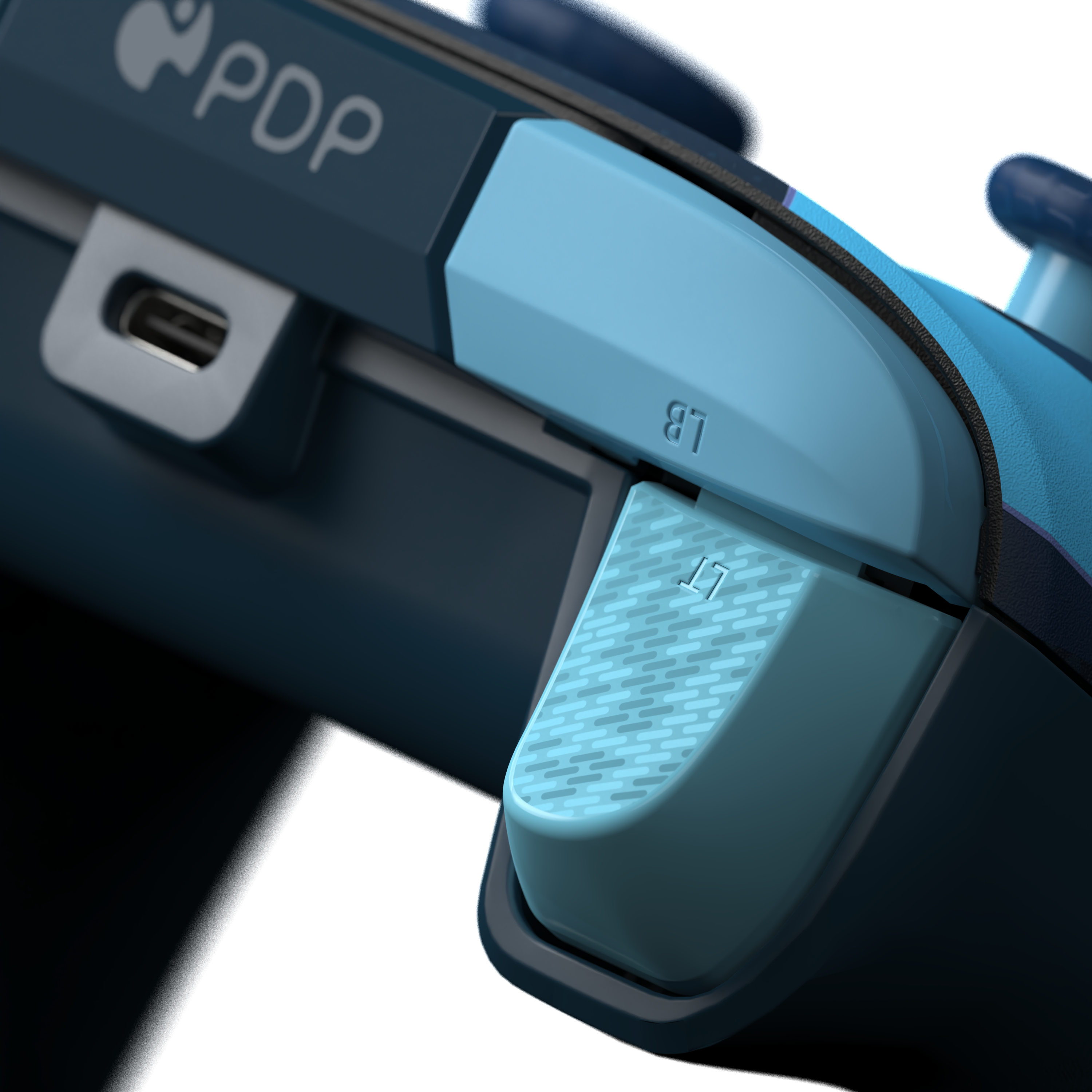Eine Nahaufnahme eines blau-dunkelblauen Gamecontrollers mit Knöpfen und einem USB-Anschluss.