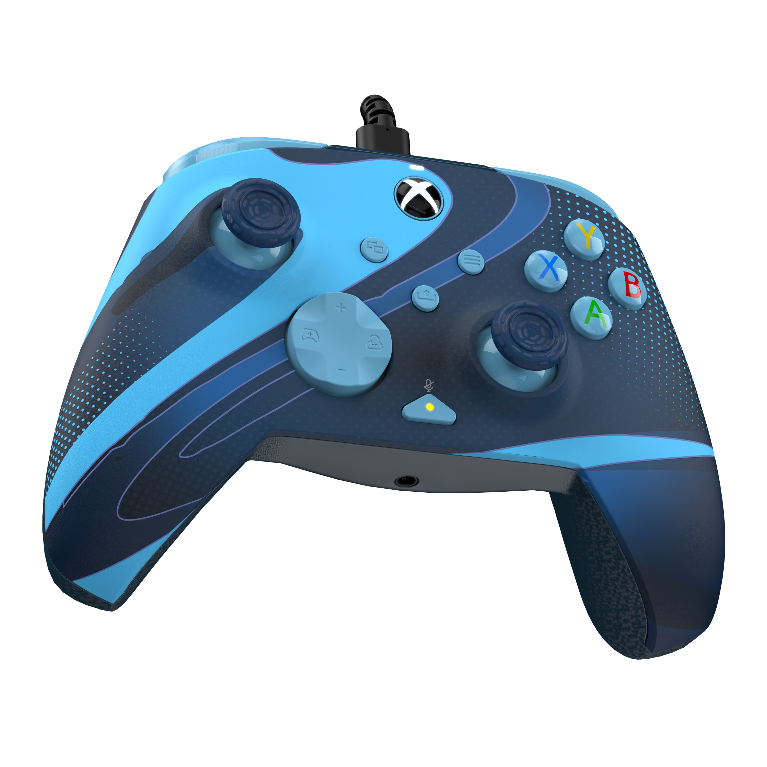 Blau-schwarzer Xbox-Controller. Er hat farbige Knöpfe und befindet sich auf schwarzem Hintergrund.
