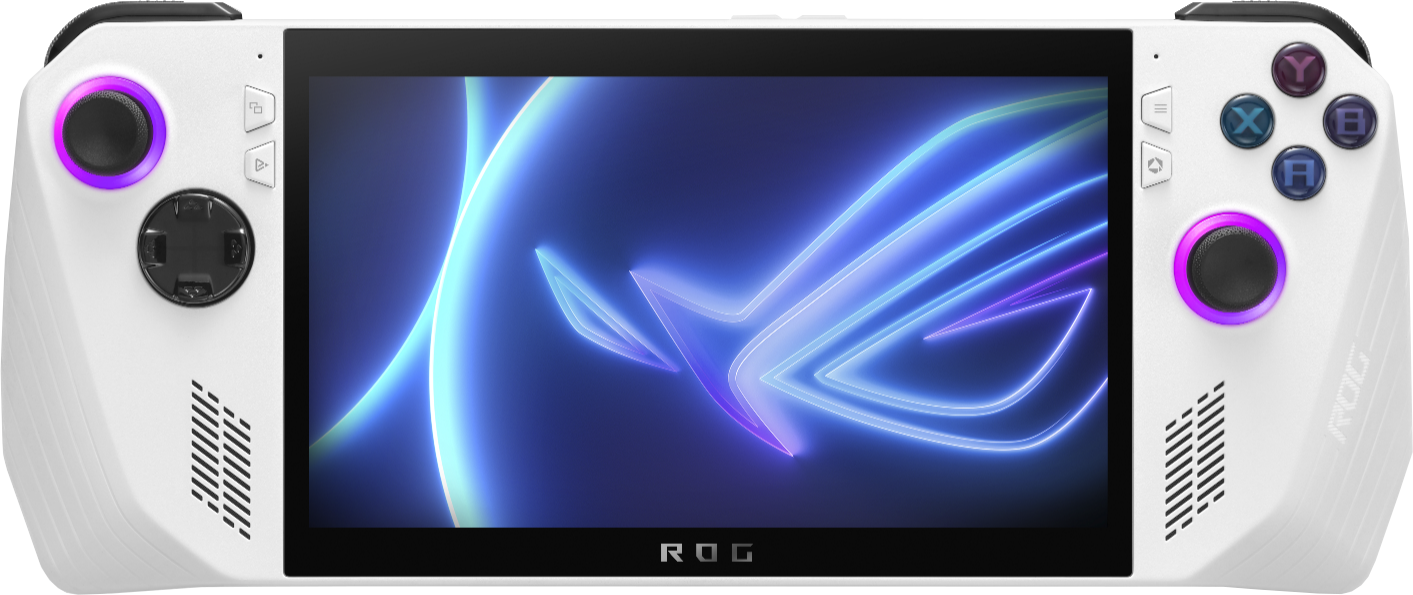 Weiße Handheld-Spielkonsole mit neonblauen und -violetten Akzenten, Bildschirm an.