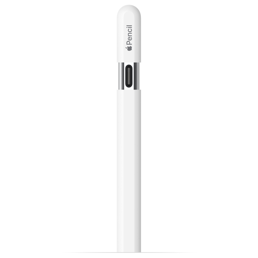 Apple Pencil blanco con estuche blanco. El lápiz tiene una punta verde.