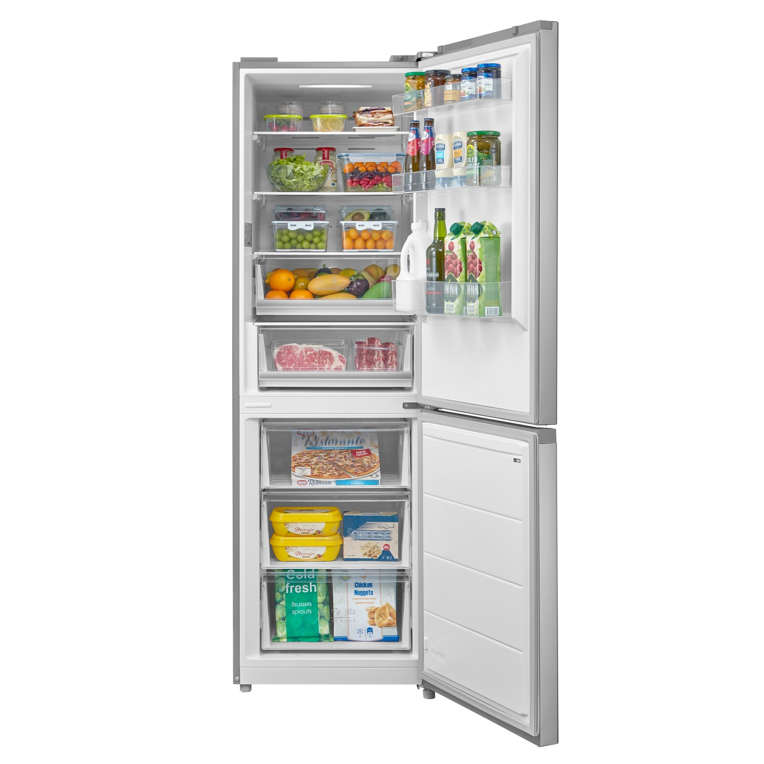 Refrigerator interior open with food items in shelves and drawers.