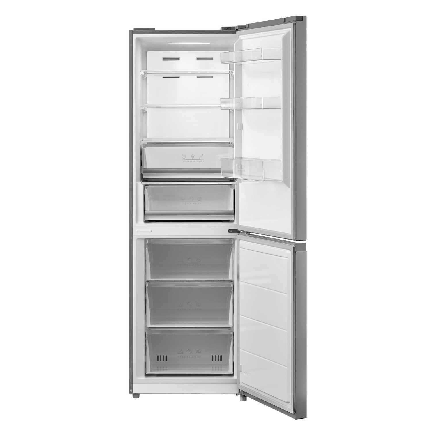 A silver refrigerator with an open door showing shelves, drawers, and food items inside.