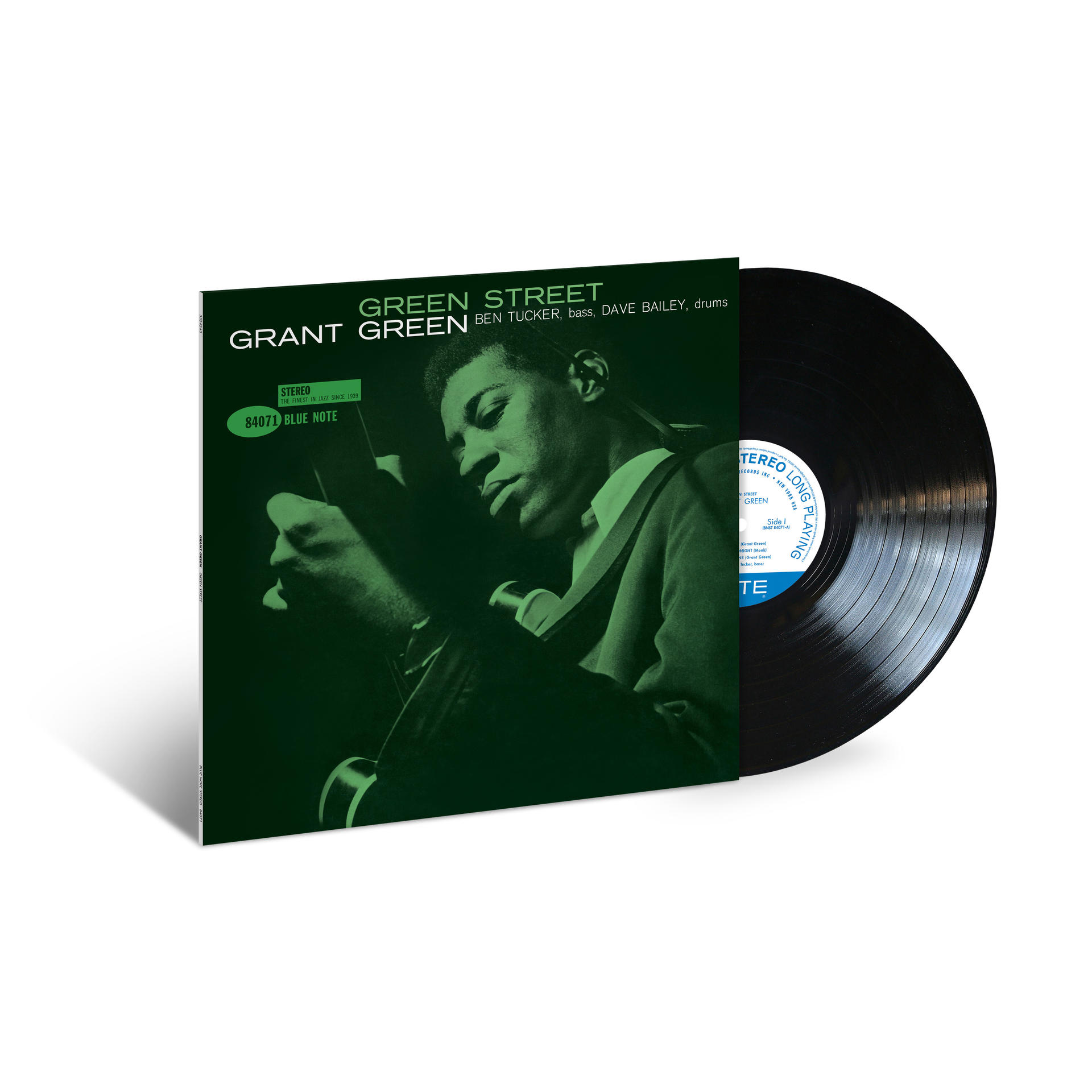 Albumcover: grün, schwarze Vinyl-Schallplatte und Text: "Green Street" von Grant Green.