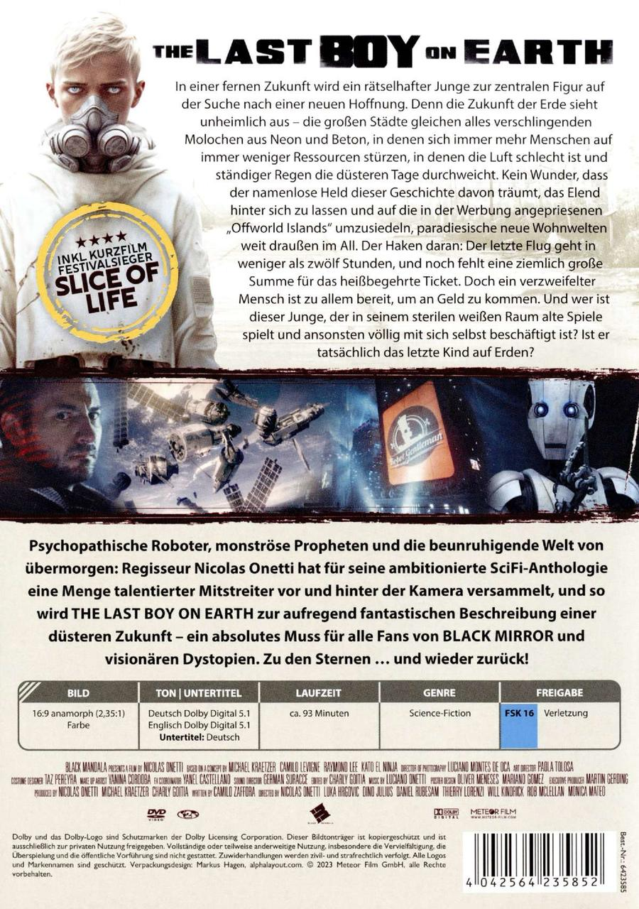 DVD-Cover für The Last Boy on Earth, zeigt einen Mann mit Gasmaske, einen Roboter und Filmdetails.