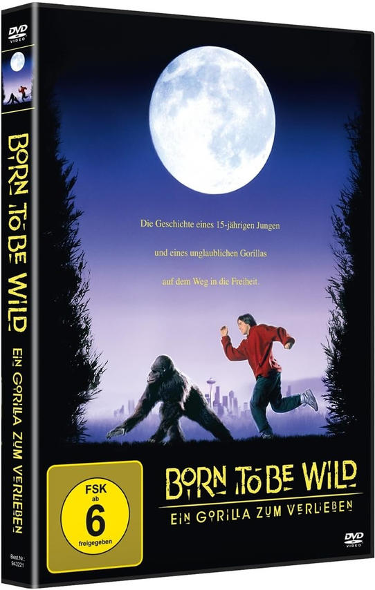 DVD-Cover von 'Born to be Wild'. Zeigt einen Jungen, einen Gorilla und einen Vollmond in einer Nachtszene.