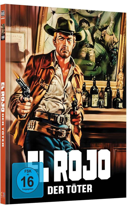 Filmcover: Mann in roter Jacke, hält Waffen. Titel: El Rojo Der Toter. Brauner und weißer Hintergrund.