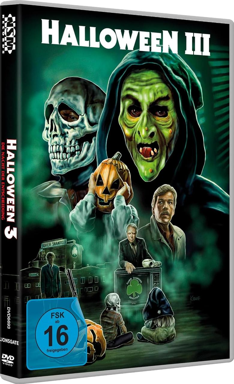 DVD-Cover für Halloween III. Eine gruselige grüne Hexe, ein Schädel und andere Charaktere sind abgebildet.