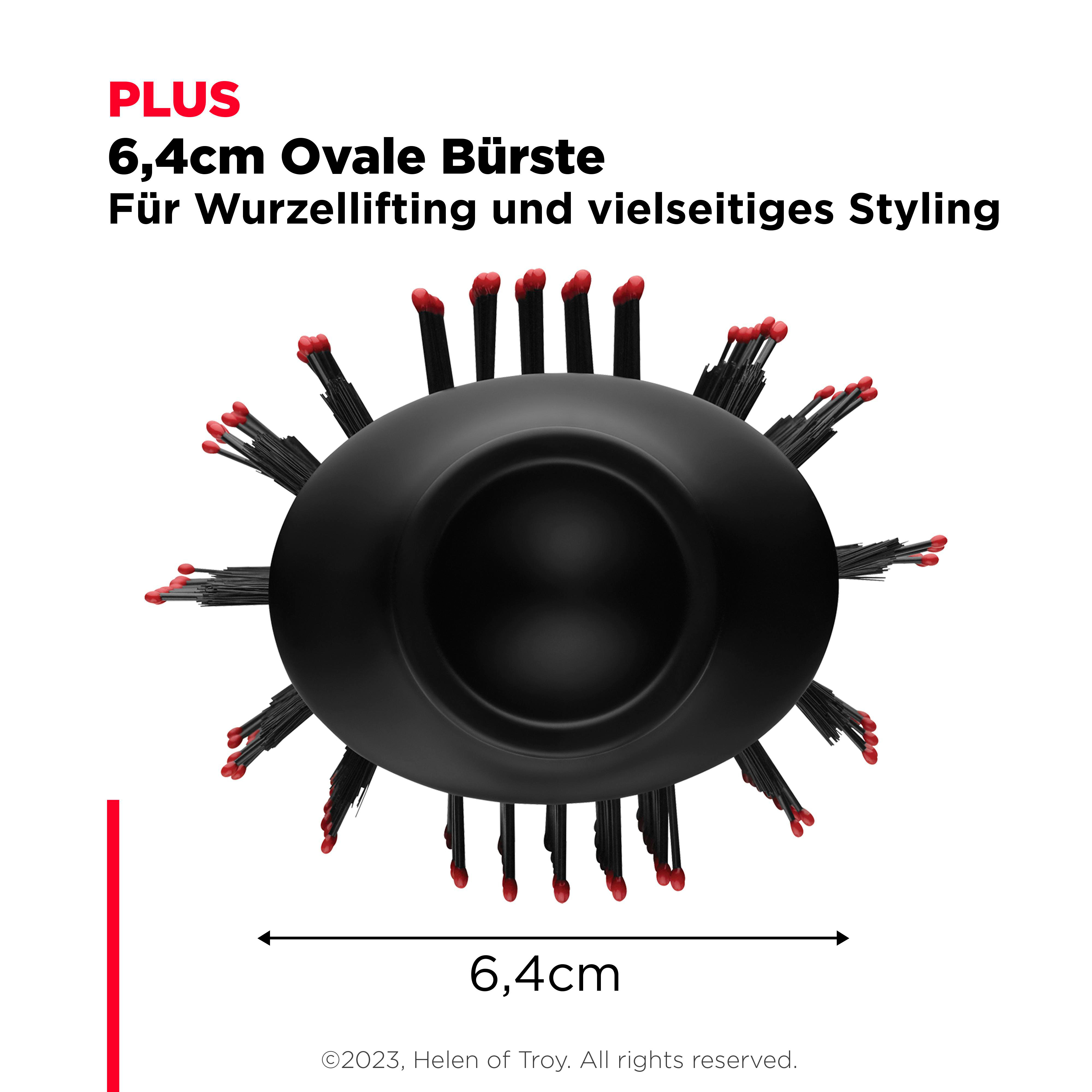 Eine schwarze Haarbürste mit zentralem Loch und rotspitzigen Borsten.