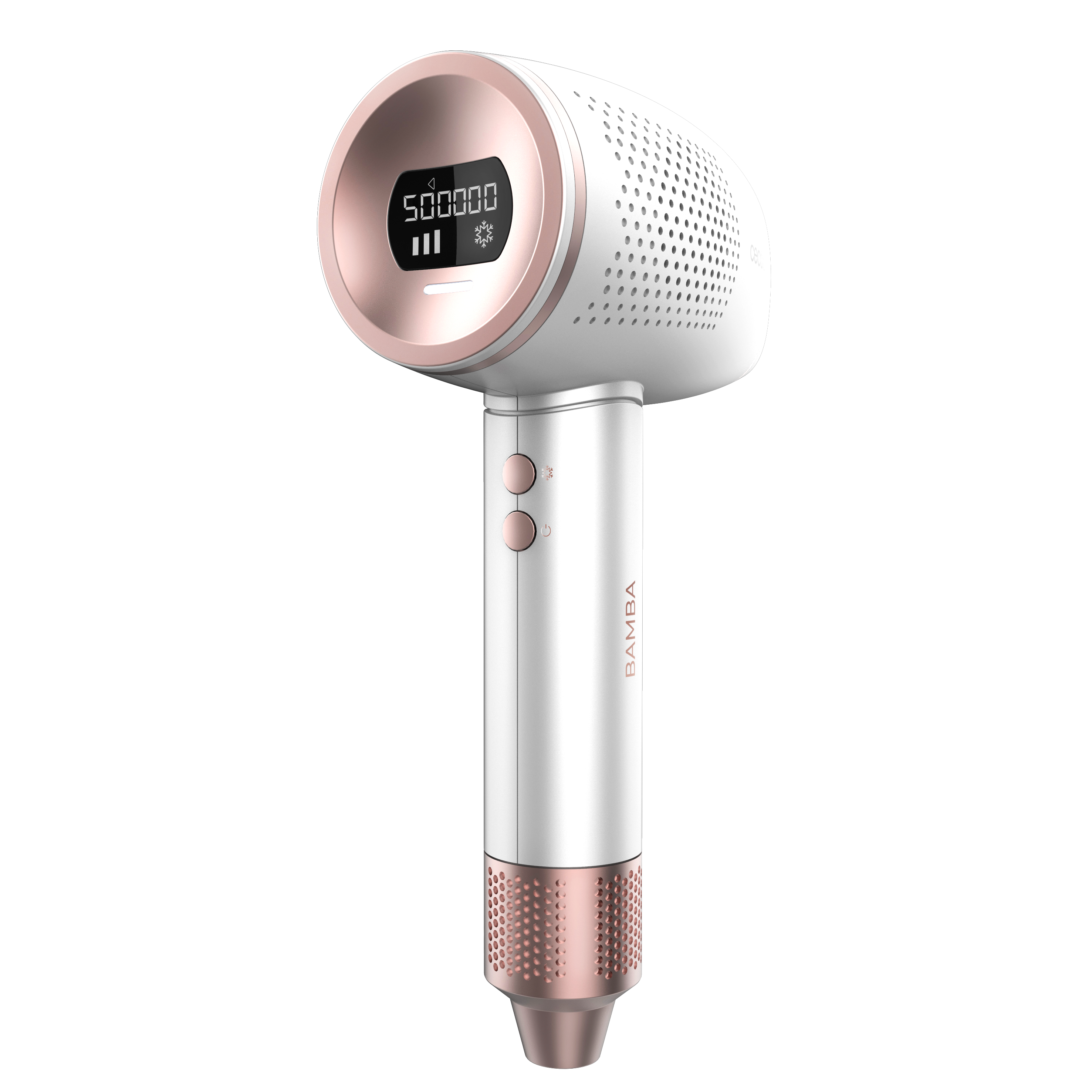Dispositivo de depilación blanco y oro rosa. Tiene una pantalla digital y la marca es Bamba.