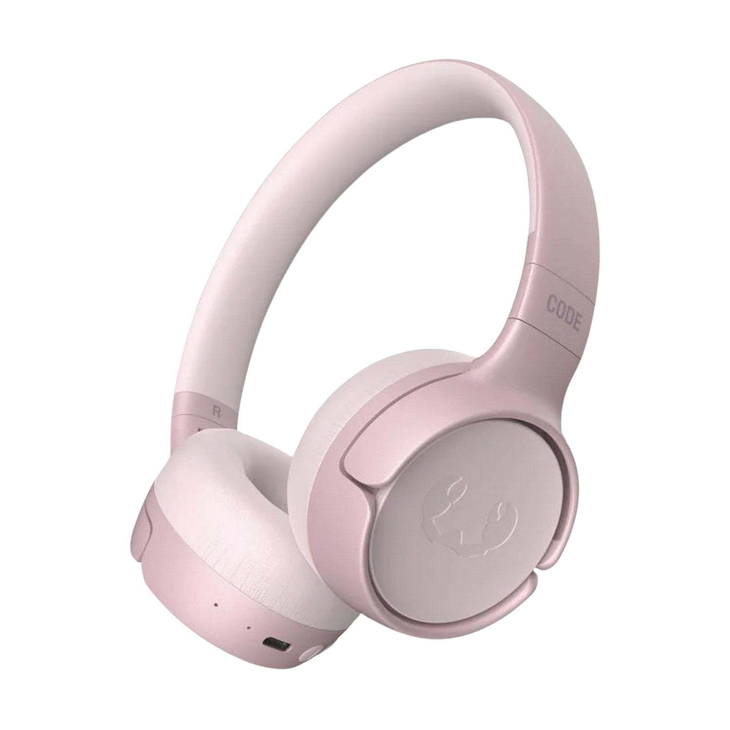 Roze en witte draadloze koptelefoon op een zwarte achtergrond. De koptelefoon heeft het woord 'CODE'.